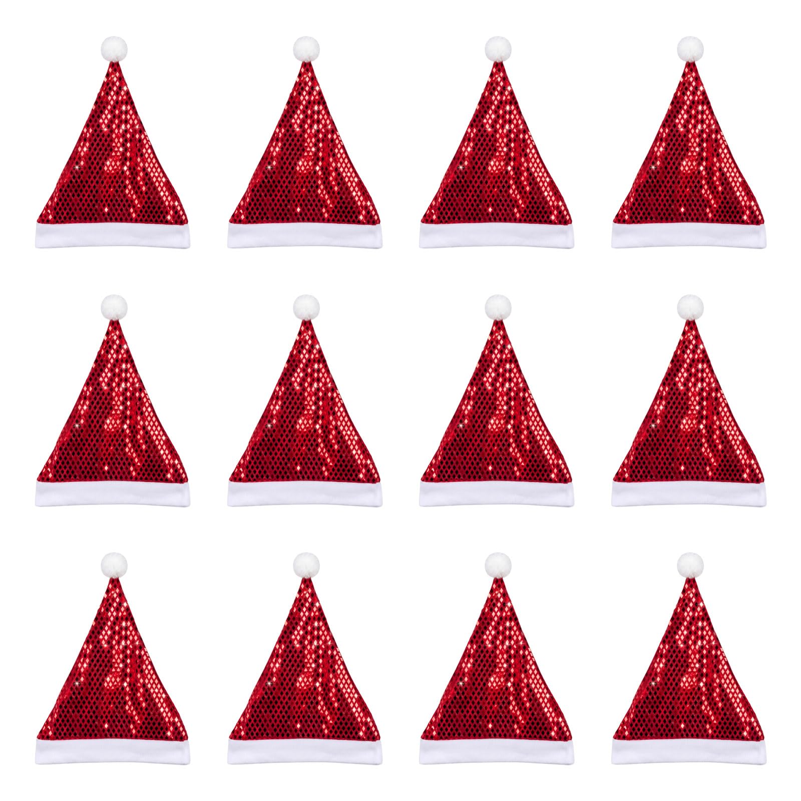 Reflektierendes Weihnachtsmützen Set für Gruppenveranstaltungen und Fotos, 12-teiliges Weihnachtskostüm Mützen mit weißem Krempenbesatz, Weihnachtsmannmützen Set, Weihnachtsparty Hüte, reflektierende