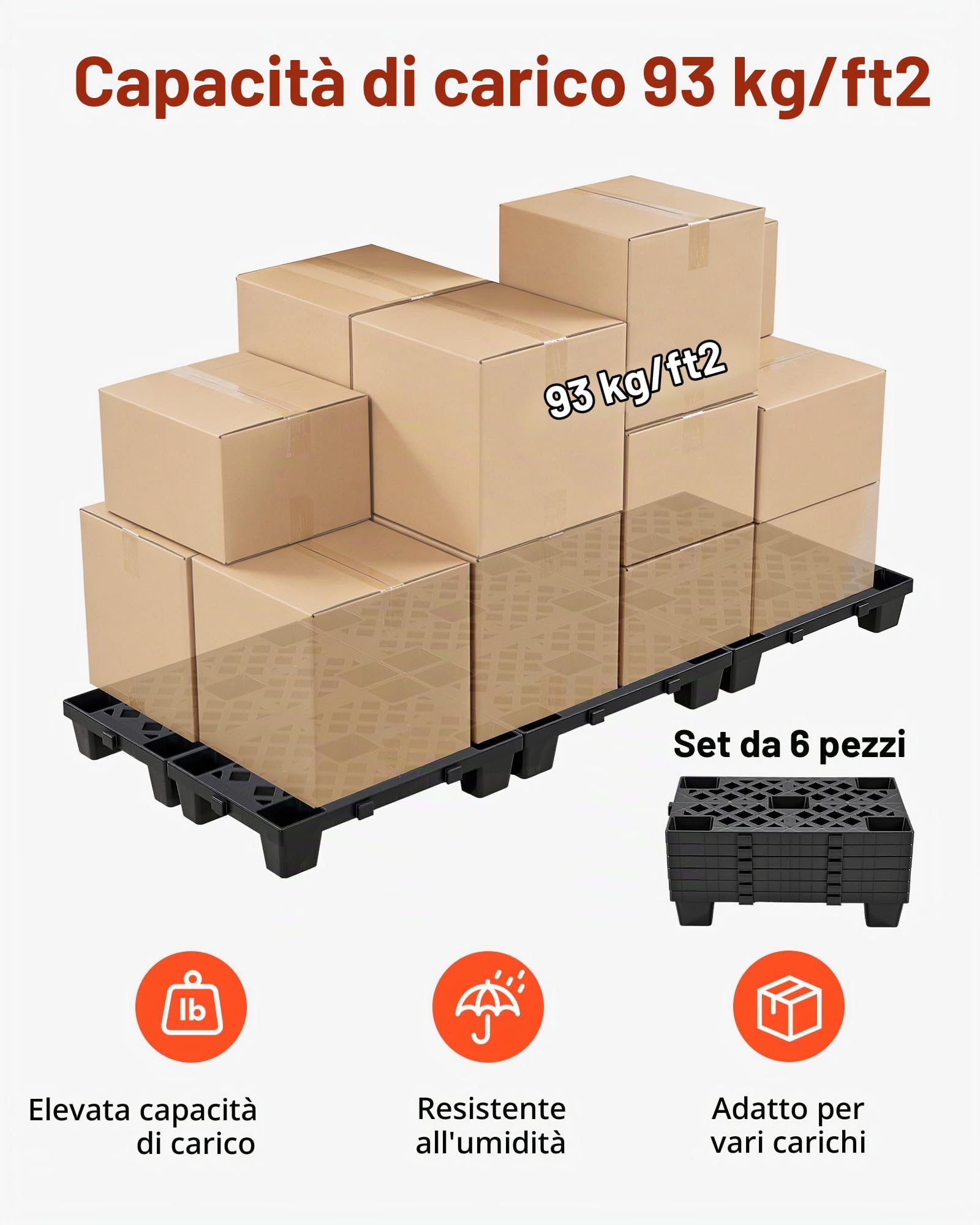 VEVOR Pallet in Plastica, Set da 6 Pedane ad Incastro Impilabili e Impermeabili, con Griglia Traspirante, per Cantina, Magazzino e Supermercato, Portata Statica 1000 kg/m², 50 x 30,5 x 10 cm, Nero