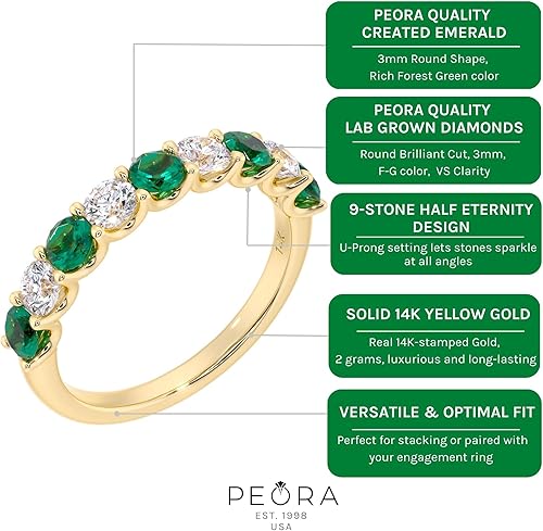 Miniatura 5 de PEORA Anillo apilable de oro sólido de 14 quilates con diamantes cultivados en laboratorio y esmeralda creada de 9 piedras para mujer, anillo