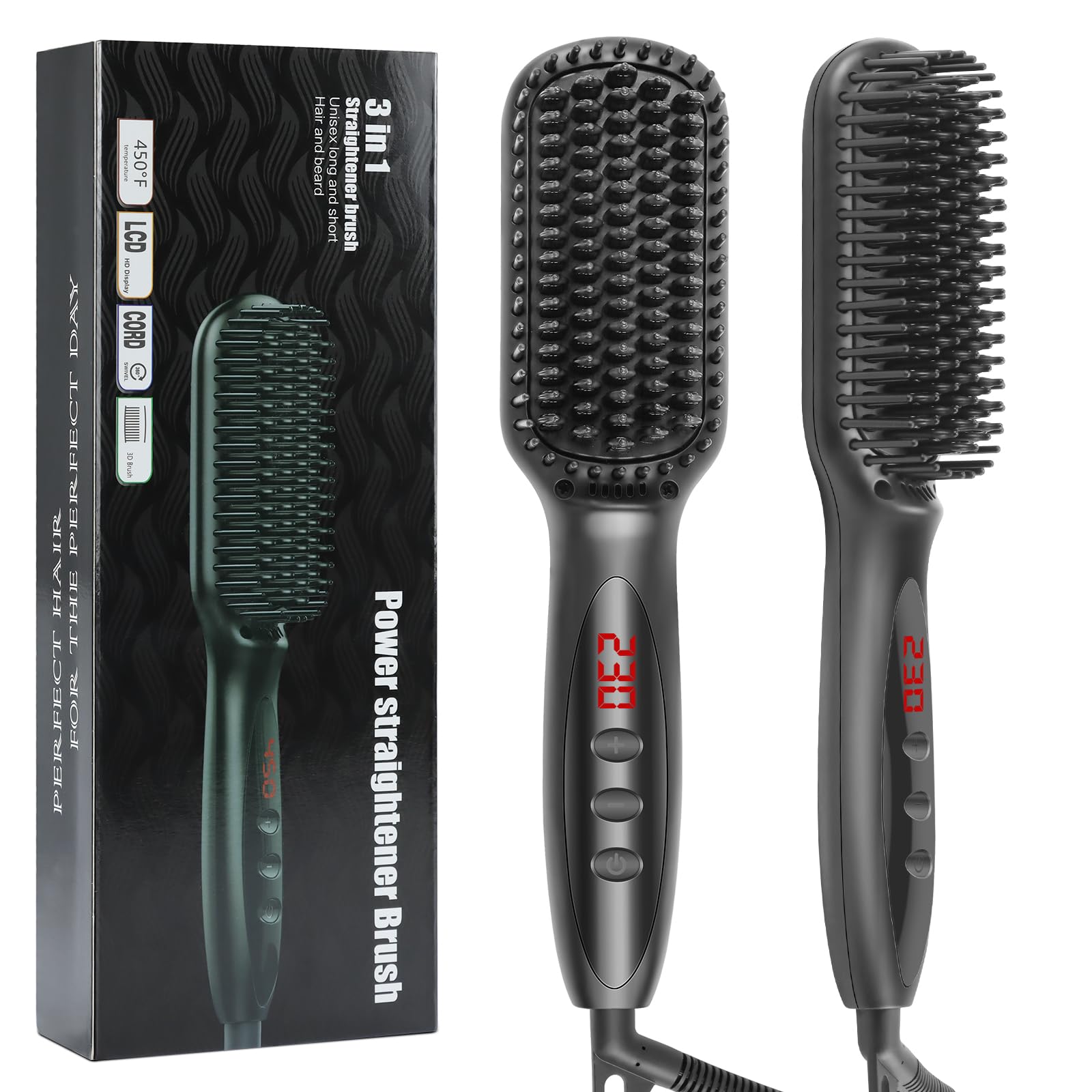 Aischens 2 en 1 Cepillo Alisador de Barba & Plancha de Pelo, Cepillo Alisador de Pelo con Pantalla LCD 120-230°C, Plancha de Barba Pelo Flequillo Eléctrico Profesional, Peine Alisador de Cabello