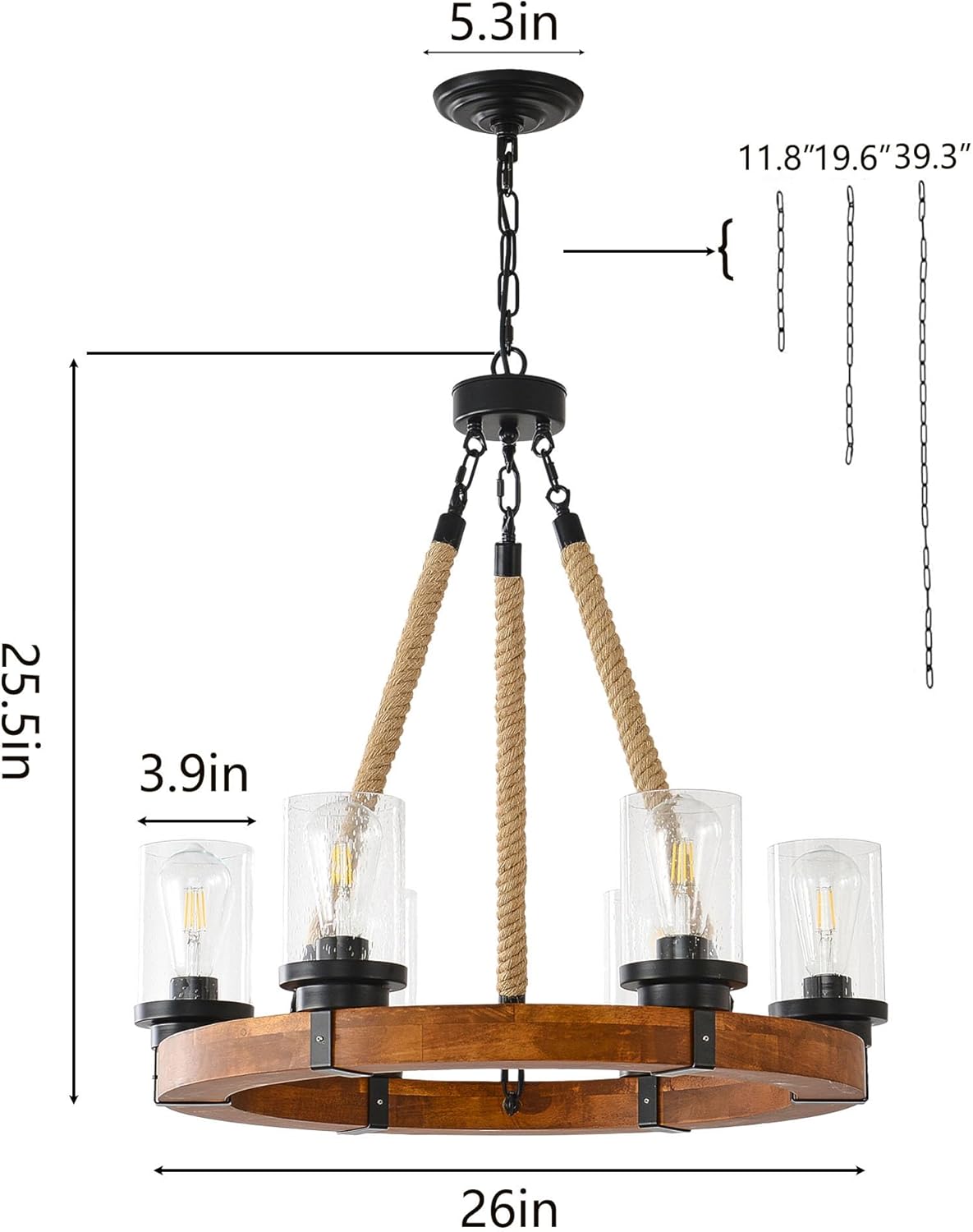 6 Light Round Wagon Wheel Chandelier Farmhouse Rustic Pendant Light Fixture with Seeded Glass Shades,Wood Industrial Hemp Rope Chandelier for Living Room, Dining Room Kitchen Island (Wood-600-6T-UP)