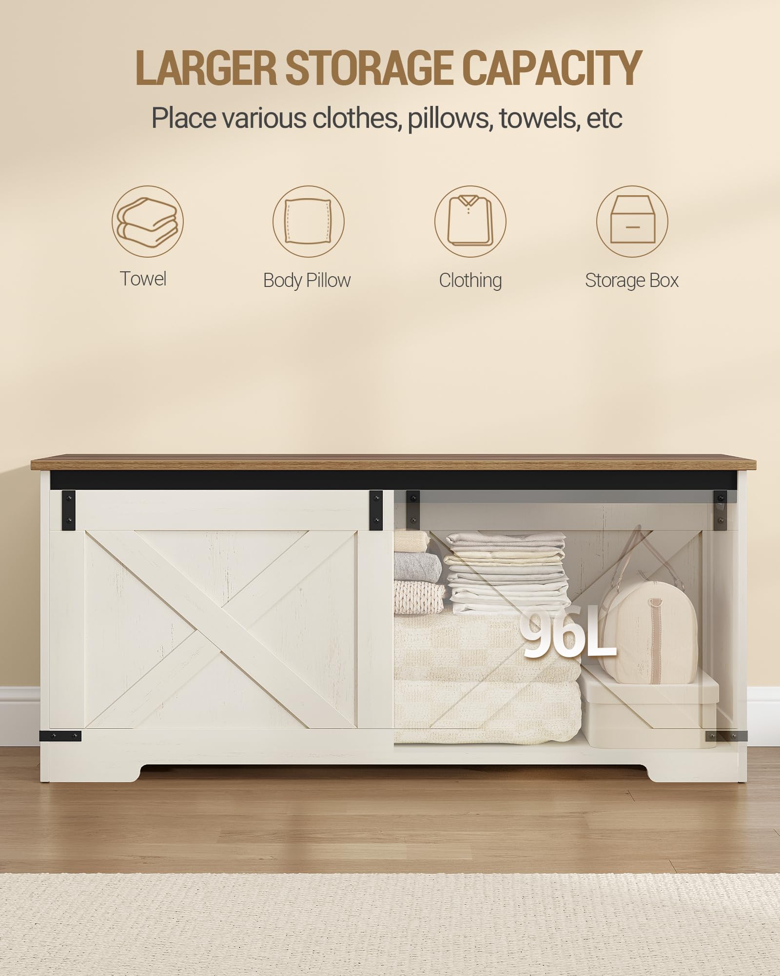 Hzuaneri 109 cm Banco de Almacenamiento, Caja de Madera con Bisagras de Seguridad, Armario de Depósito 40 x 109 x 48,5 cm, para Entrada Dormitorio Salón, Blanco Marrón SB10914X