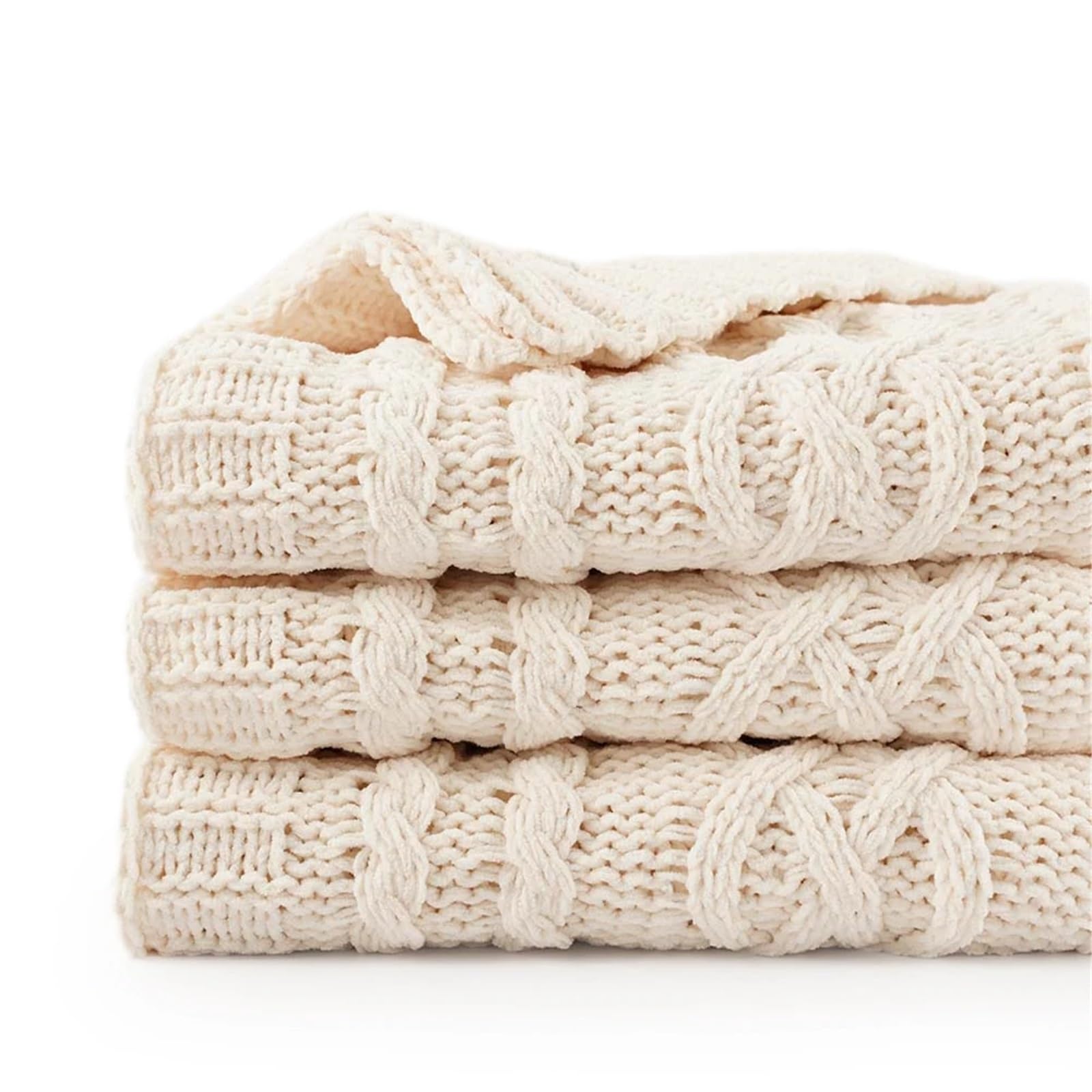 Bedspread Soft Woven Chenille Blanket Plaid Throw for Sofa Thick Warm On The Bed(Cream)