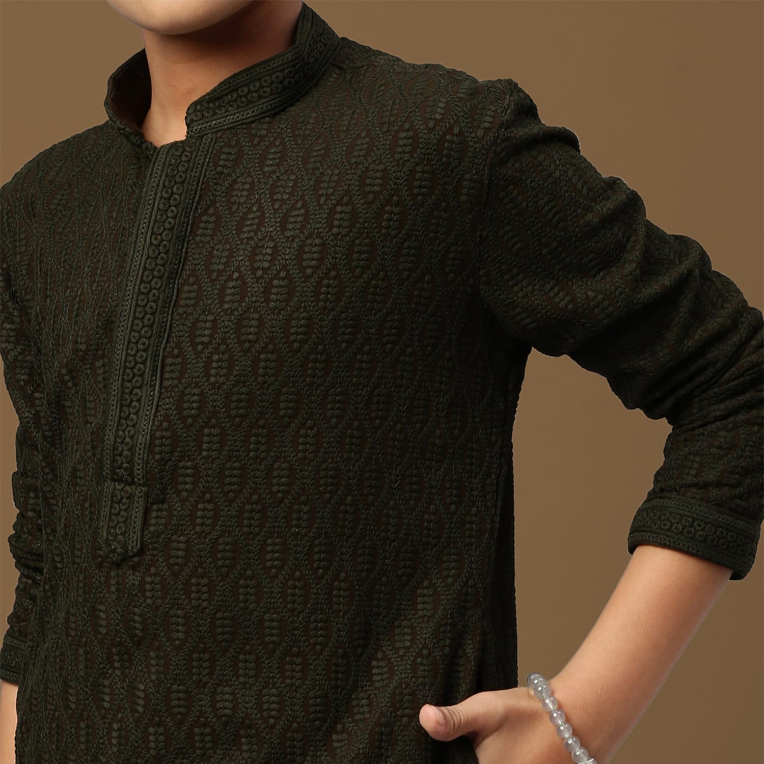 Sanwara Unleash Your Style with Boys Solid Olive Green Chikankari Designer Cotton Trendy Kurta (5-6 Years) 3