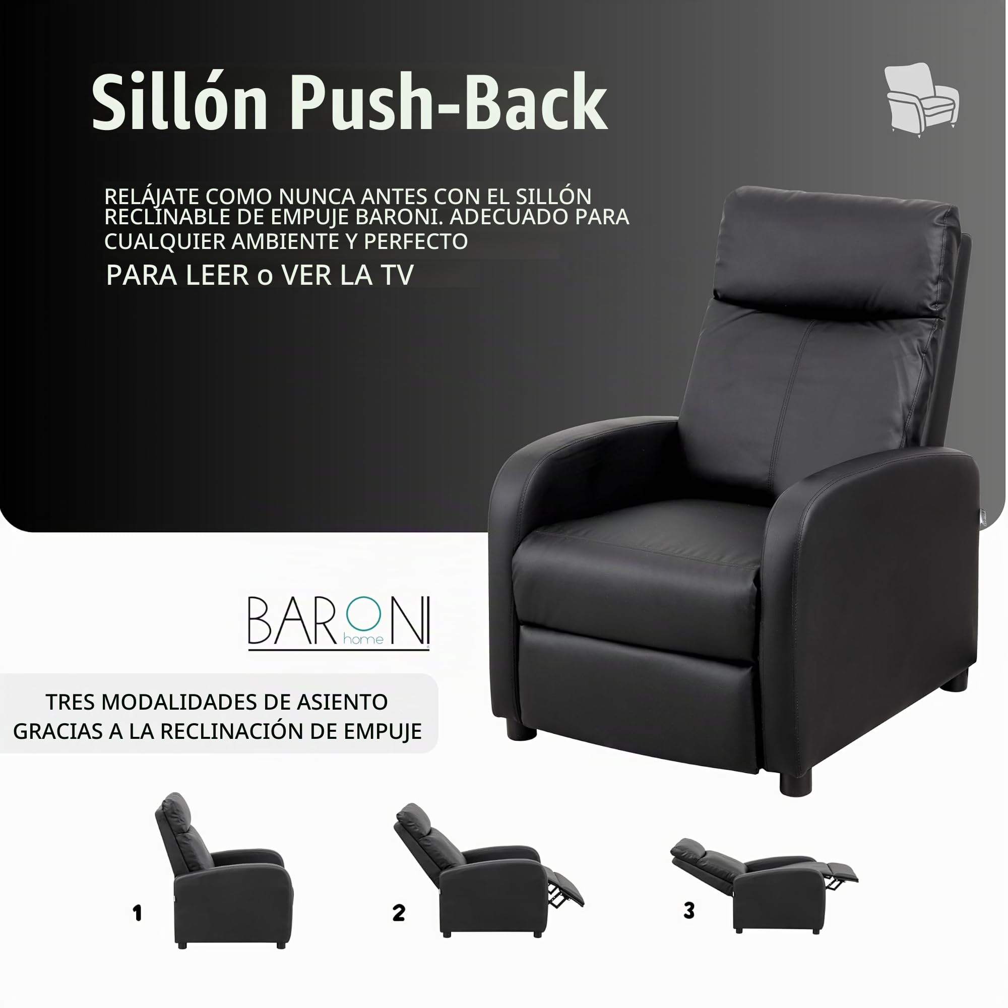 Baroni Home Sillón reclinable de Espuma Suave, con Respaldo reclinable, reposapiés, pies Antideslizantes, sillón reclinable Relajante, fácil de Montar, cómodo, Negro, 66x75x99 cm (Pusch-Back)