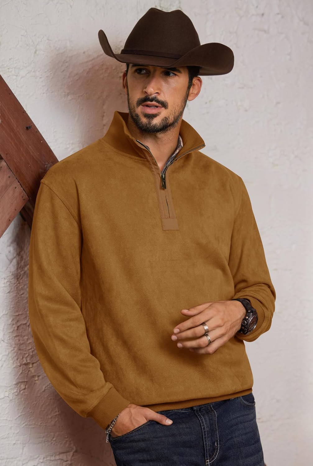 Mens Western Quarter Zip Pullover Midweight Mock Neck Suede Fabric Casual Sweatshirts (S-XXL) - Image 2