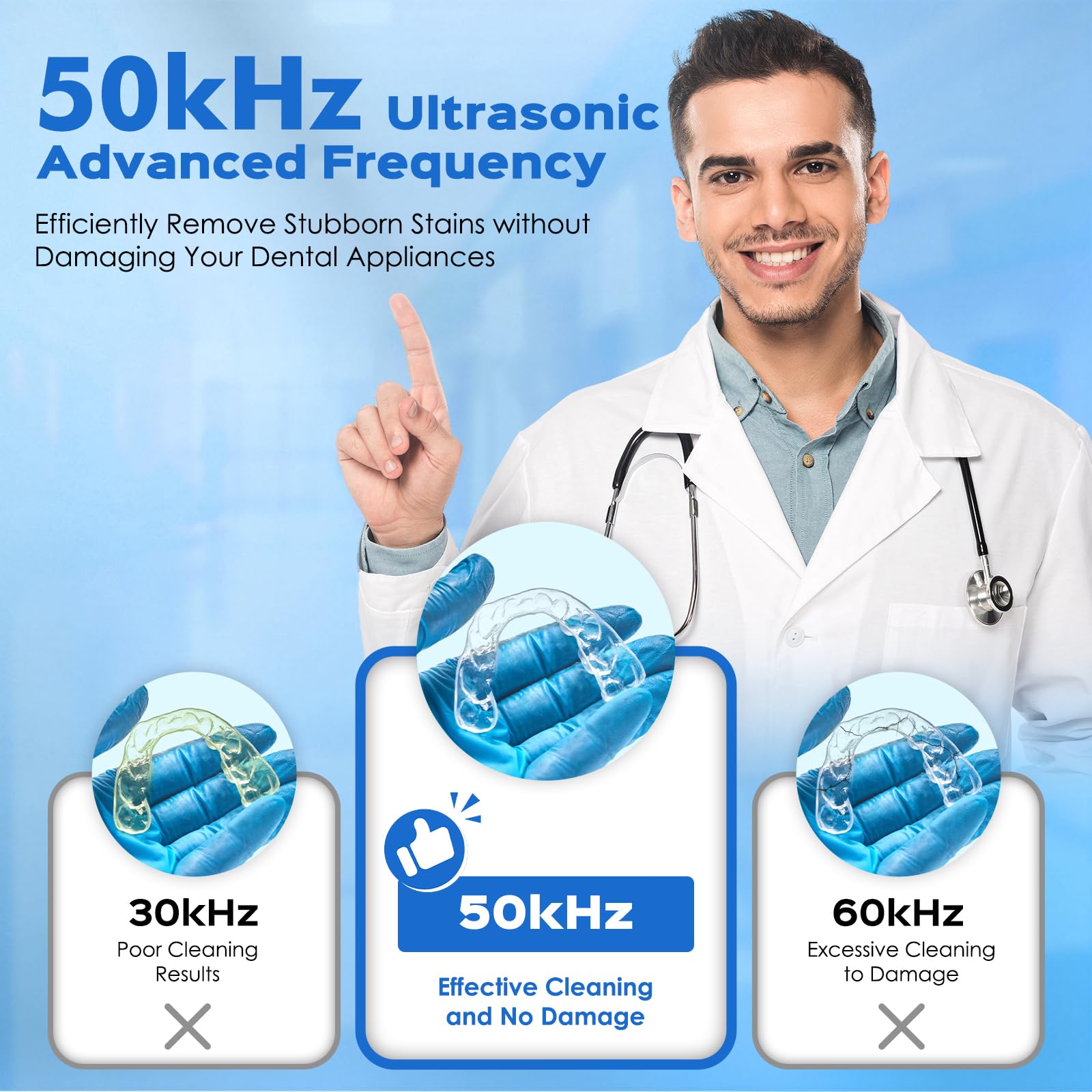 Nettoyeur Ultrasons 50000Hz avec Lampe UV, 4 Réglages de Temps pour Prothèses Dentaires, Bijoux