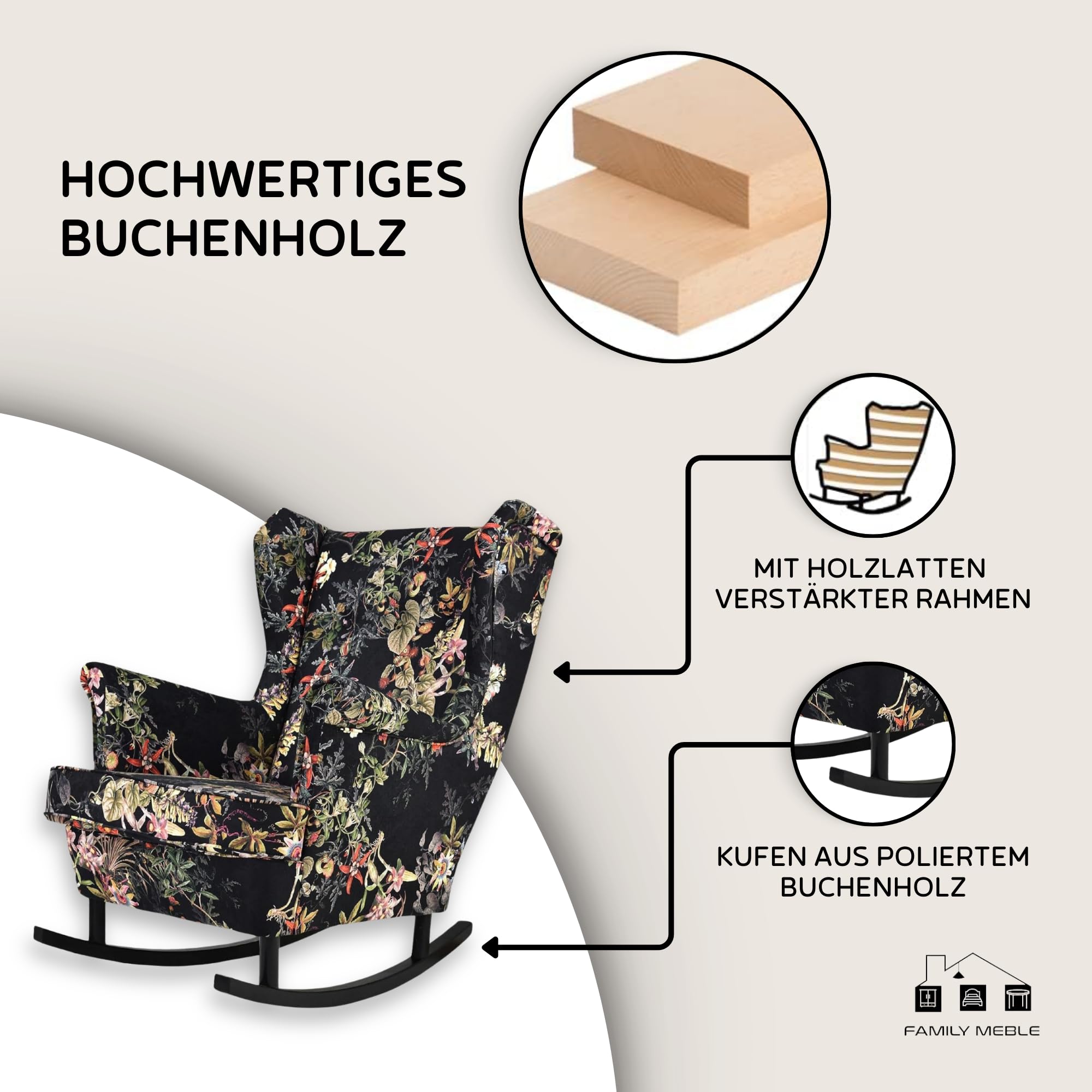 Fotel bujany, Model Print, Skandynawski, relaksacyjny z tkaniny tkanej, wypoczynkowy, uszak, Fotel telewizyjny, Wygodny, Do salonu, Jadalni, Sypialni, Poli 8