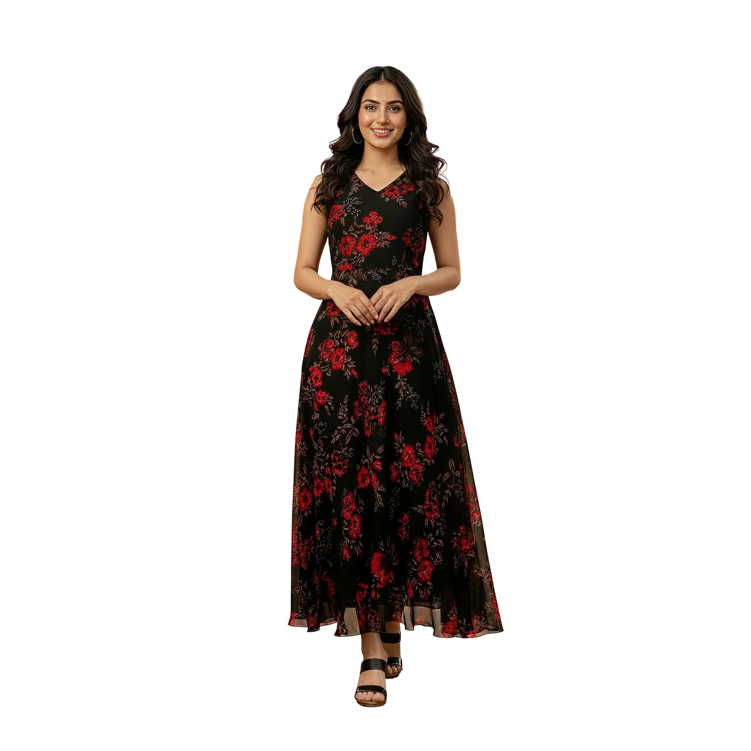 stalleon Women’s Black Floral Maxi Dress | Sleeveless V-Neck Long Dress and Gown| Elegant Evening & Casual Wear-picture-10