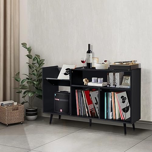 Miniatura 3 de RARZOE Soporte grande para tocadiscos, mesa giratoria Concord de mediados de siglo con capacidad para hasta 350 álbumes, gabinete de almacenamiento