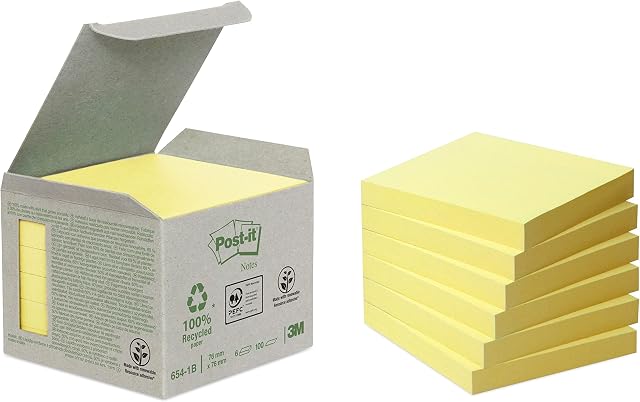 Post-it Recycling Notes Canary Yellow, Pack of 6 Pads, 100 Sheets per Pad, 76 mm x 76 mm, Yellow Color - Self-stick notes made from 100% recycled paper