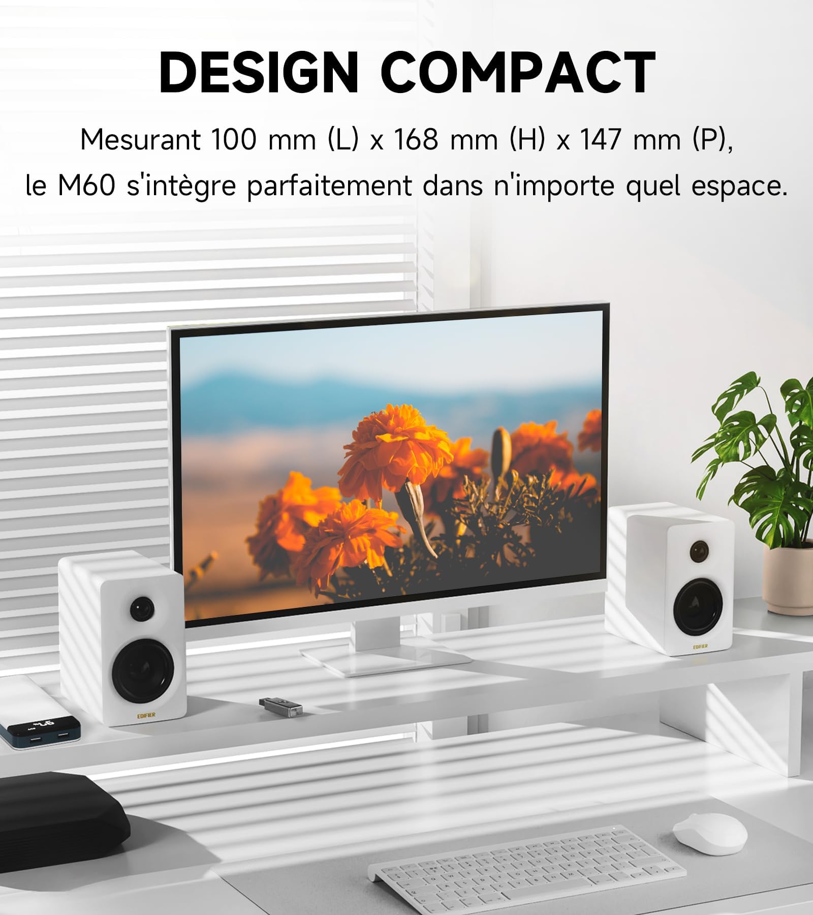 Edifier M60 2.0 Haut-parleurs Bibliotheques Bluetooth 5.3 66W RMS Audio Hi-Res LDAC Basses 3" Tweeter 1" USB-C AUX Blanc