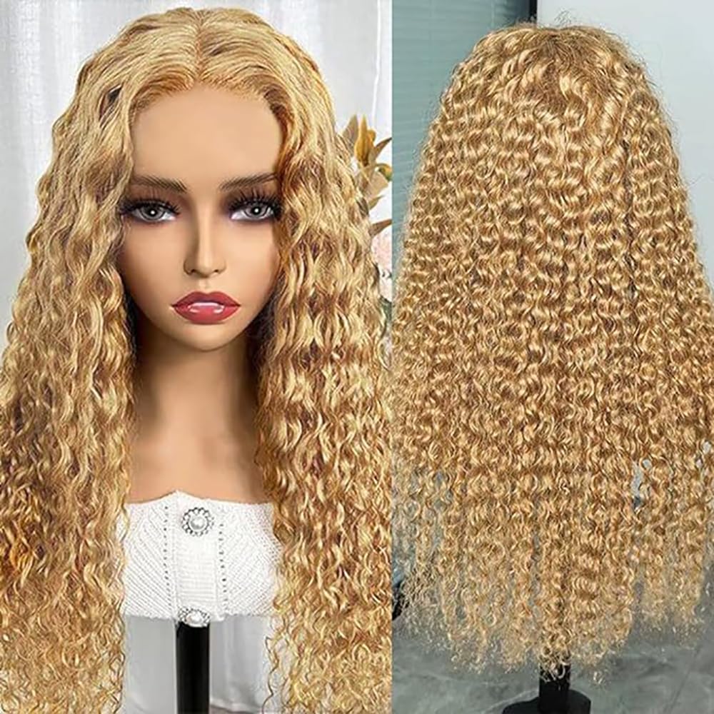 13x6 Lace Front Echthaar Perücke Damen Water Wave Human Hair Wig Wear and Go Glueless Remy 150% Density Pre Plucked Natural Hairline Honey Blonde Color for Woman 26 Inch