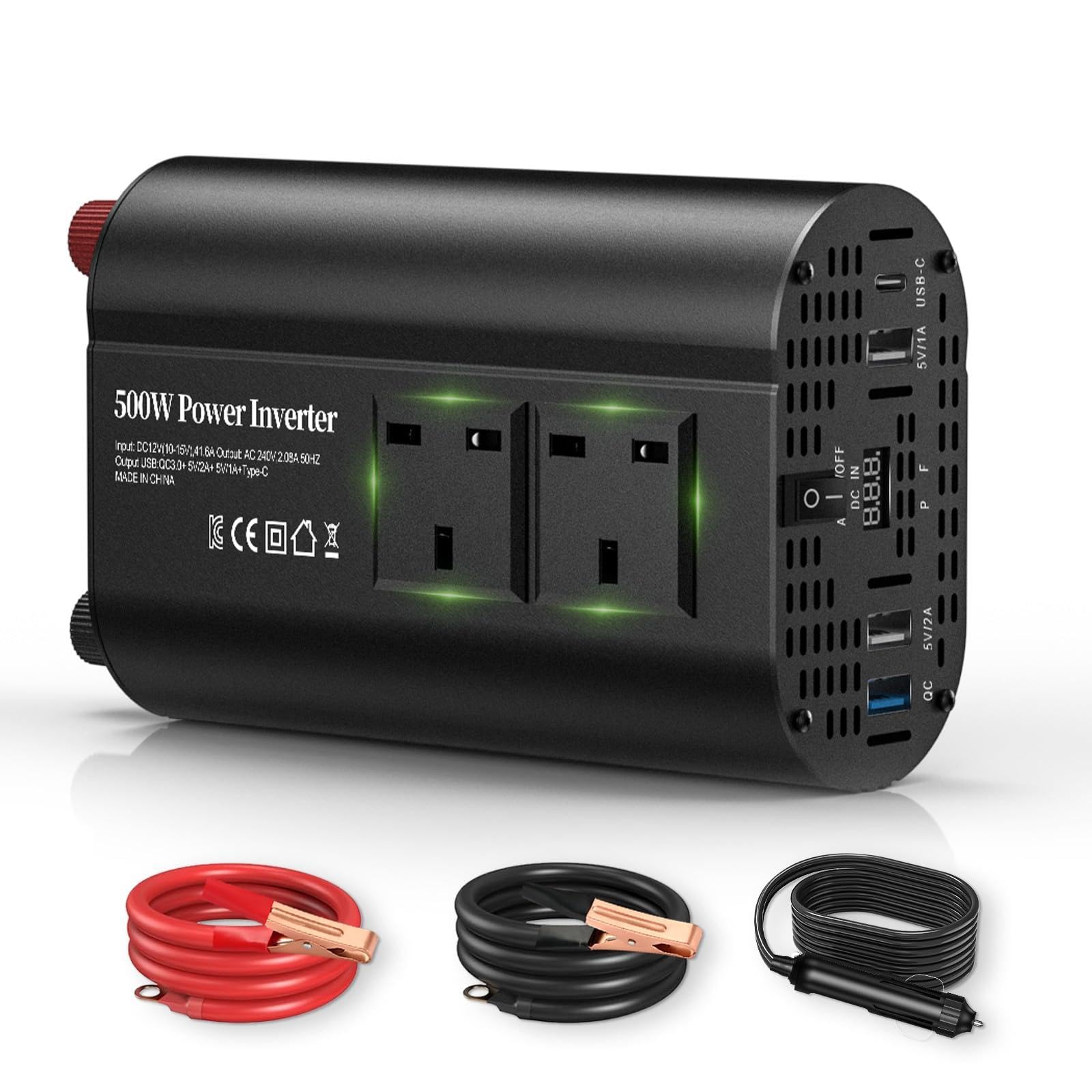 TAGEEBLU 12V 500W Power Inverter 12v to 240v, Car Voltage Converter Transformer with 2 3-Pin Sockets & 2-USB & 1 QC & 1-Type-C Ports for Charging Phones, Laptop, Tablets, TV, Camping Equipment - 1