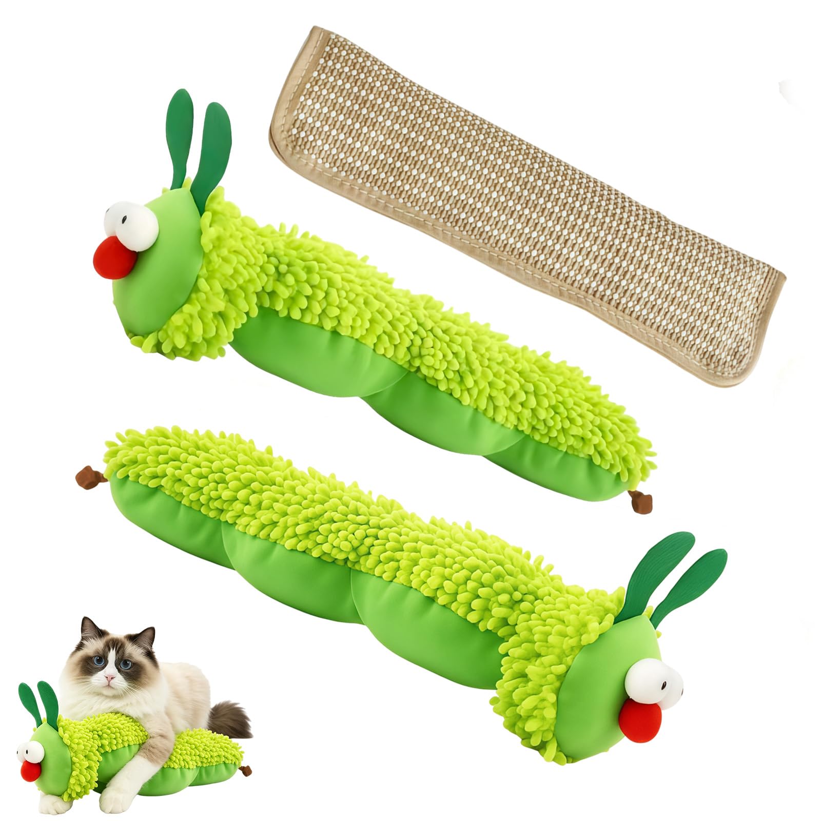 3PCS Catnip Toy for Indoor Cats, 2PCS Caterpillar Catnip Toys + 1PCS Large Cat Pillow, Interactive Plush Cat Toys for Teeth Cleaning, Bite-Resistant Plush Caterpillar Design, Dental Health Benefits
