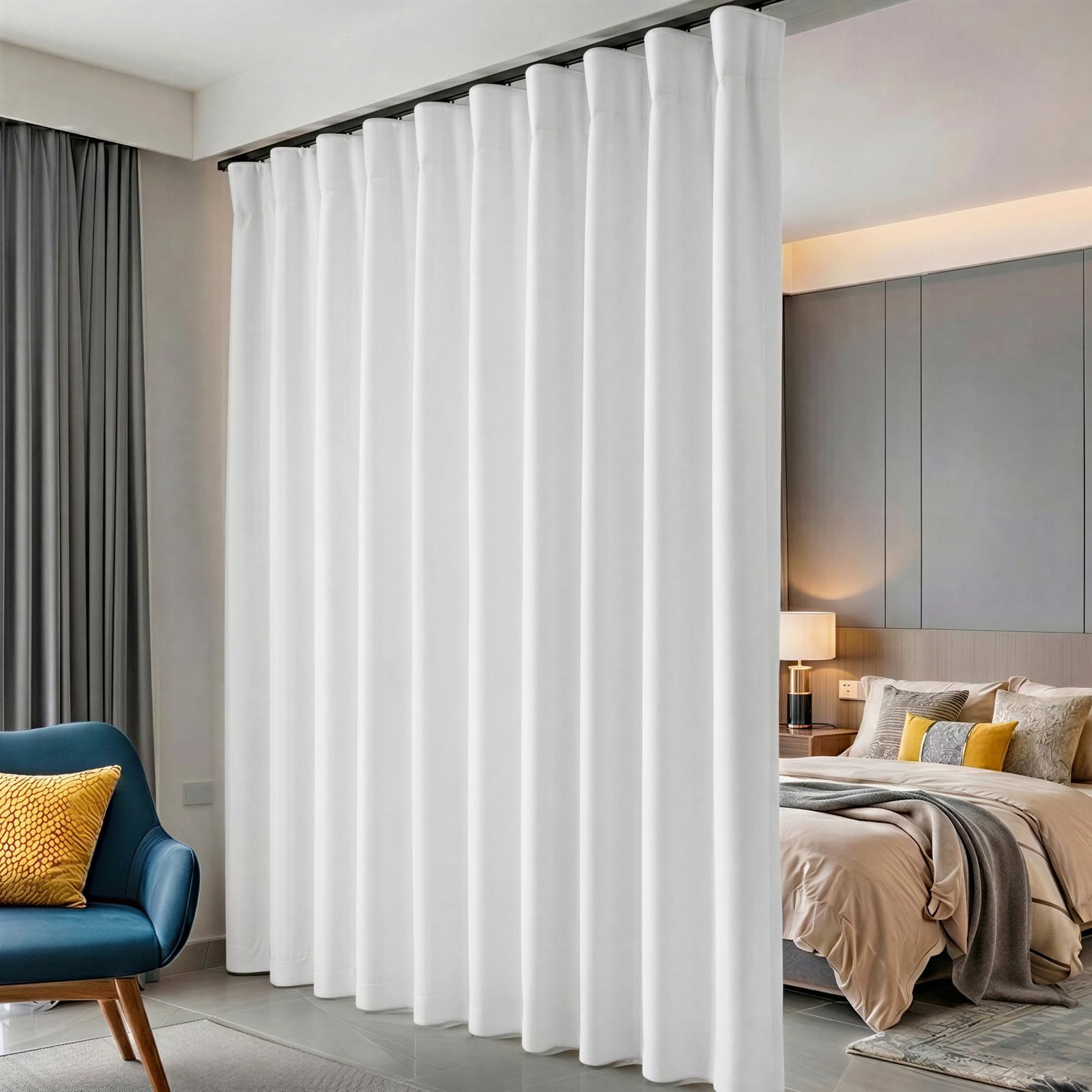 hoeflife Room Divider Curtains Blackout Floor to Ceiling Curtain with Hook Wall Mount Sliding Door Curtains Ceiling Mount Extra Wide Curtain Wall Divider for Room Separation(Greyish White,W100xH84in)