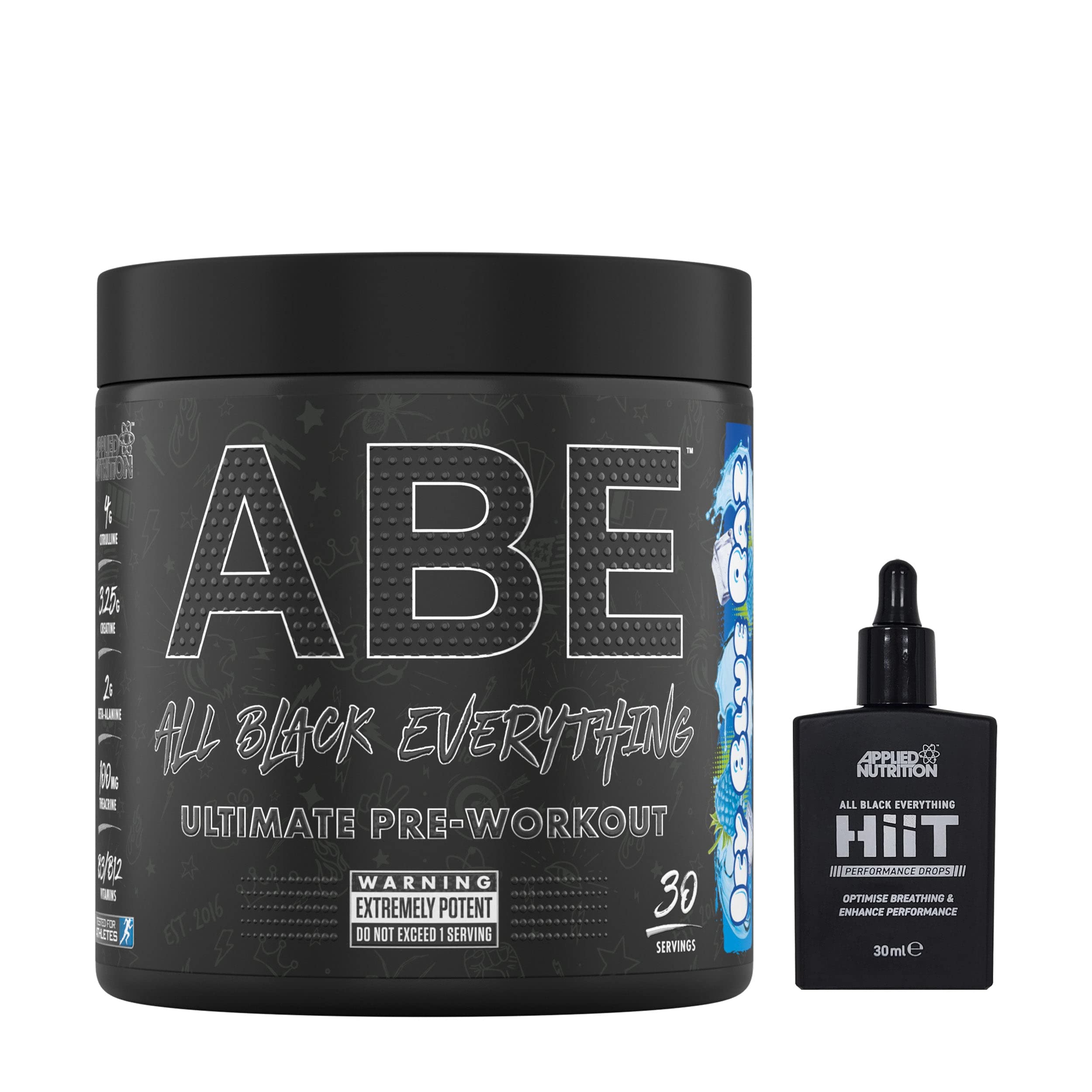 Applied Nutrition Bundle ABE Pre Workout 315g + HIIT Performance Drops 30ml | All Black Everything Pre Workout Powder, Energy & Physical Performance with Creatine, Beta Alanine (ICY Blue Raz)