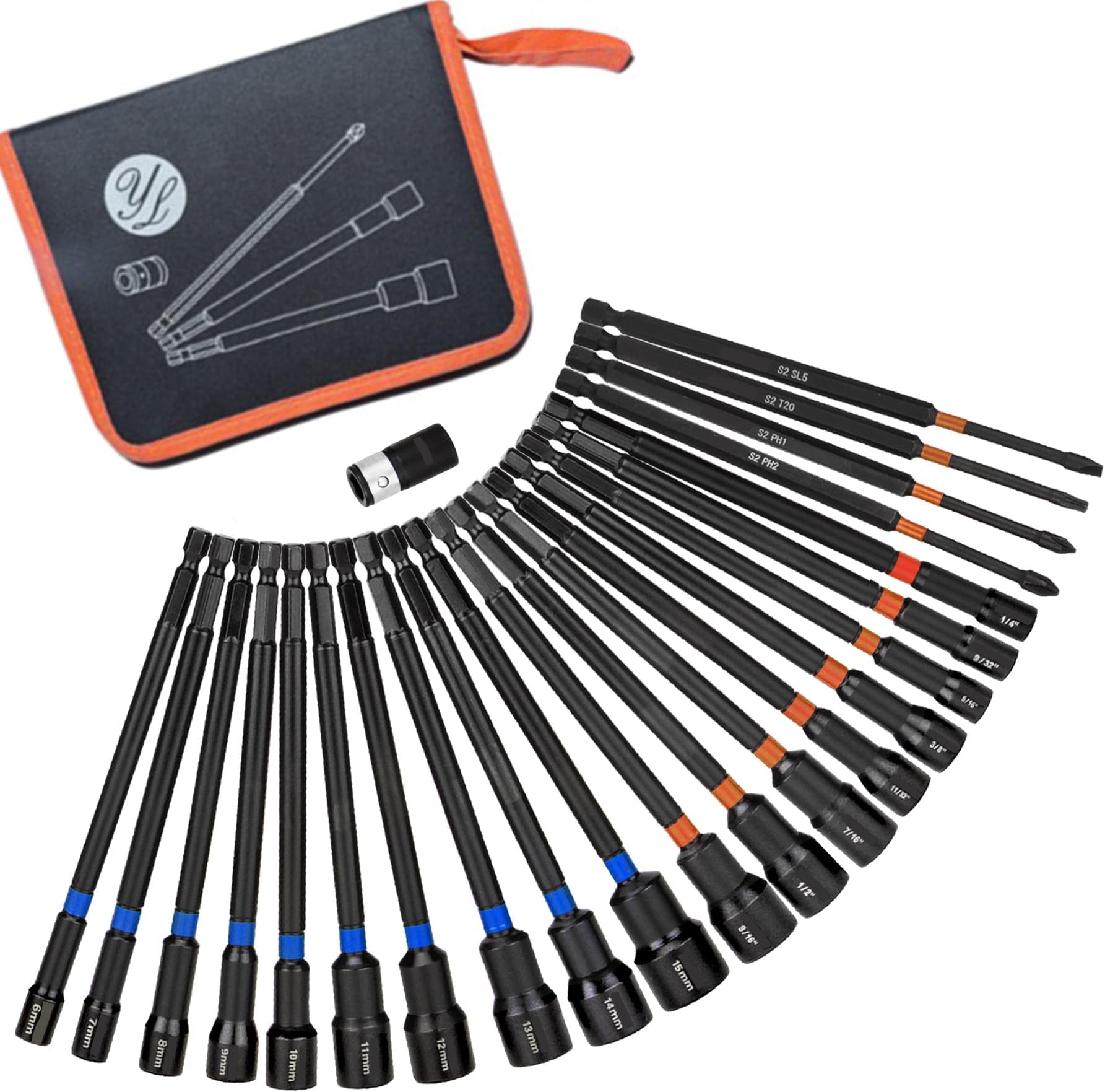 23 PCS Magnetic Nut Driver Set SAE & Metric, 6 Inch Extra Long Nut Driver Set for Impact Drill, Power Nut Setter, Extended Reach Nut Driver Bit Set 1/4"-9/16" 6-15mm PH1, PH2, SL5, T20