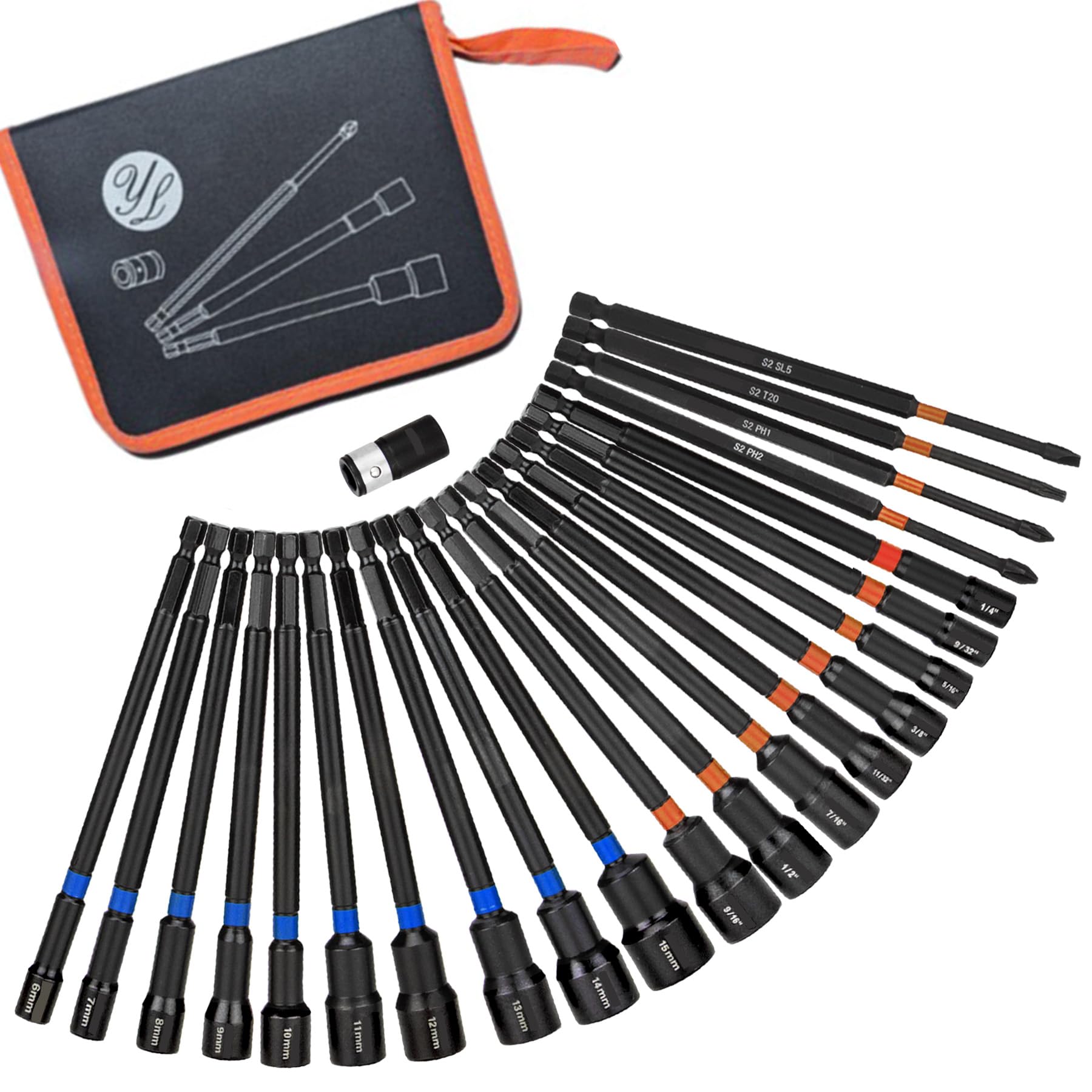 23 PCS Magnetic Nut Driver Set SAE & Metric, 6 Inch Extra Long Nut Driver Set for Impact Drill, Power Nut Setter, Extended Reach Nut Driver Bit Set 1/4"-9/16" 6-15mm PH1, PH2, SL5, T20