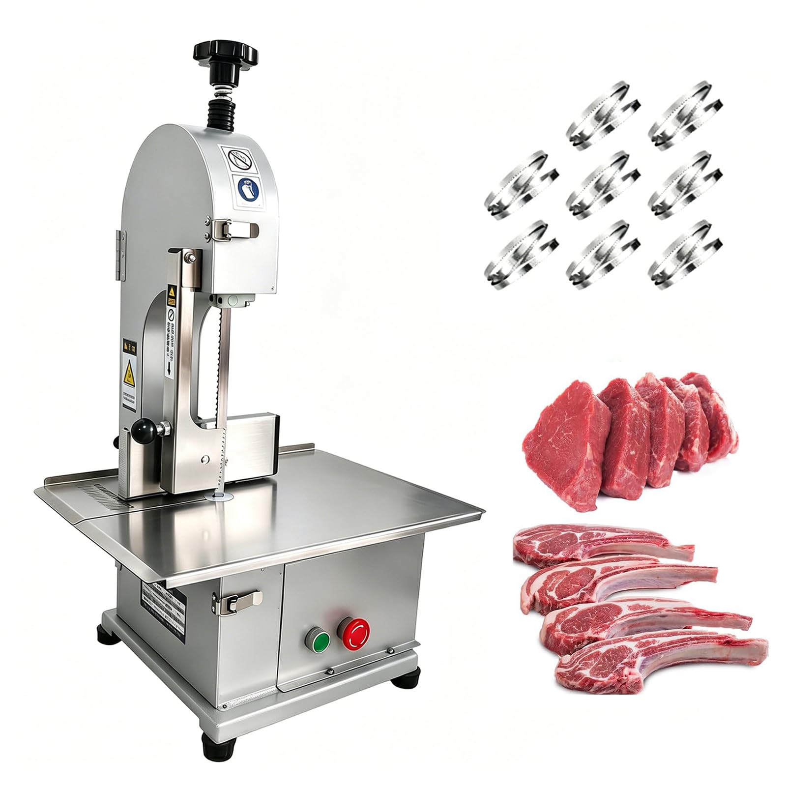 Sierra Eléctrica 1100 W Comercial para Huesos de Carnicero Sierra de Cinta para Huesos,para Carne y Huesos Congelados Mesa 44x31 cm,Espesor 0-13 cm para Carnicería, 8 Cuchillas