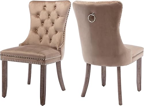 Miniatura 46 de Juego de 4 sillas de comedor de terciopelo, sillas de comedor tapizadas con ribete de cabeza de clavo, patas de madera, anillo de tracción, sillas
