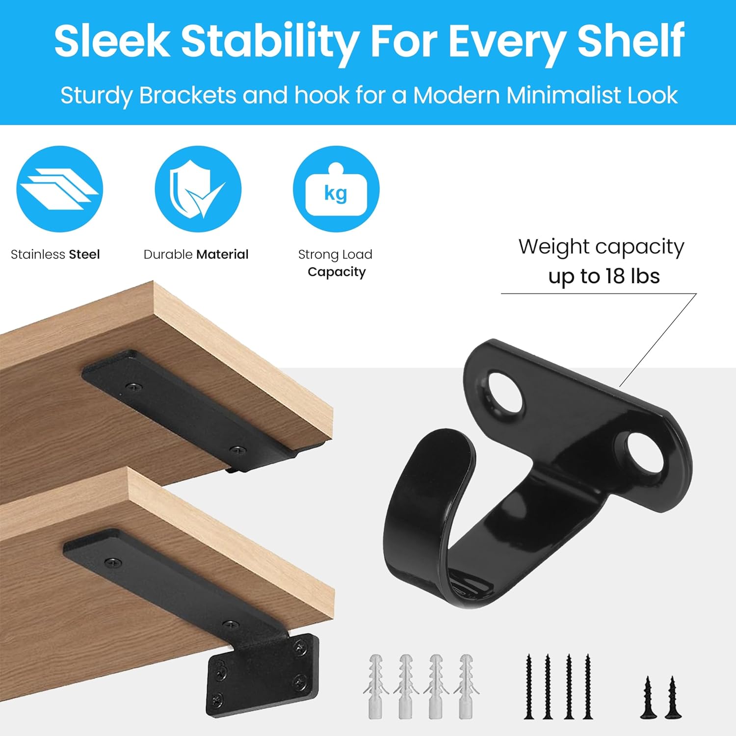 Floating Shelf Bracket - 6 Pack Metal Hooks, Heavy Duty Shelf Brackets 8 inch Steel Black, l Bracket for Wood Shelves Metal Hooks, l Brackets for Shelves 1/5 Inch Thick 160+lb
