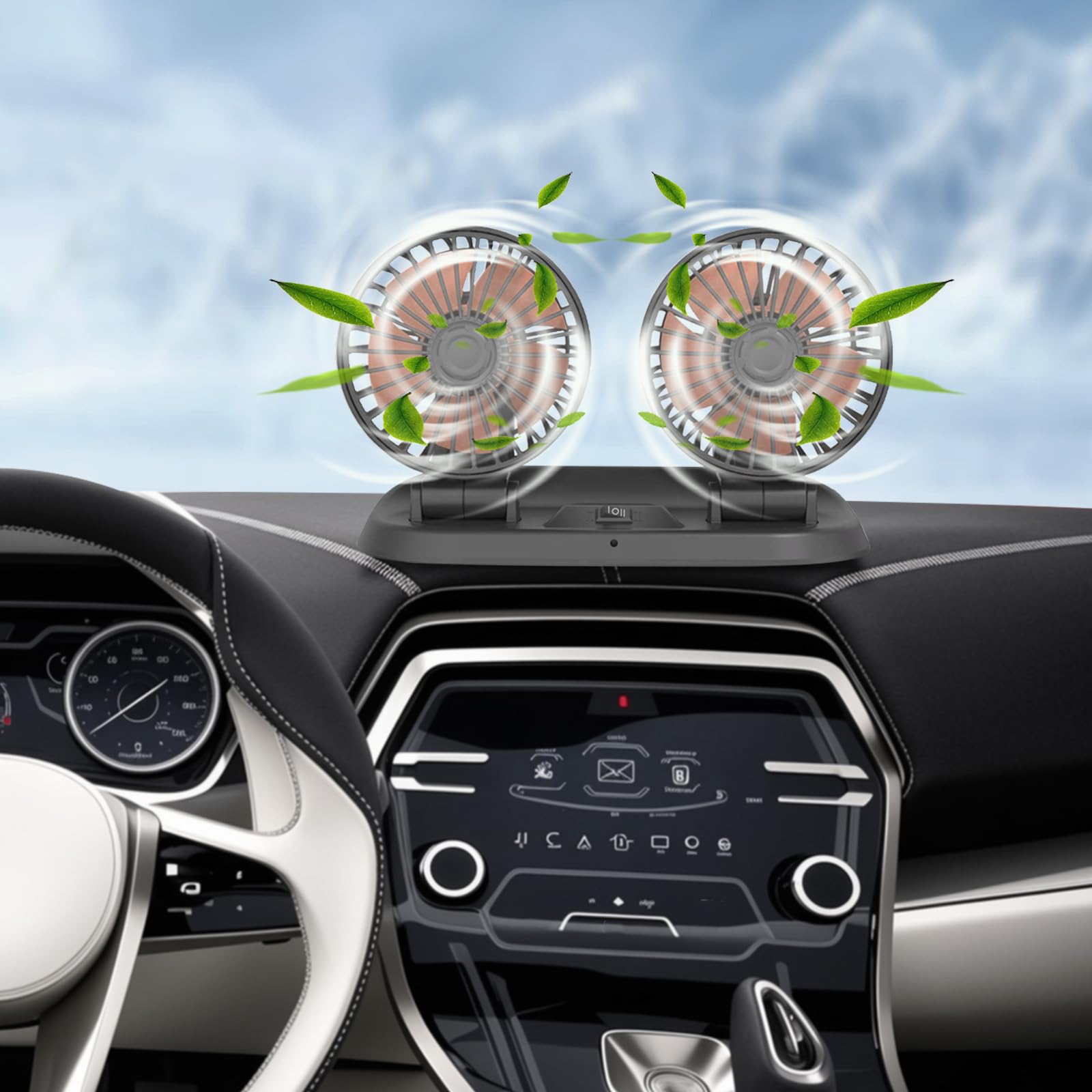 Riloer Ventilador de refrigeración para automóvil de doble cabezal, Ventilador para automóvil, rotación horizontal de 360 ° y vertical de 180 °, 24V 2 Velocidades Ajustables