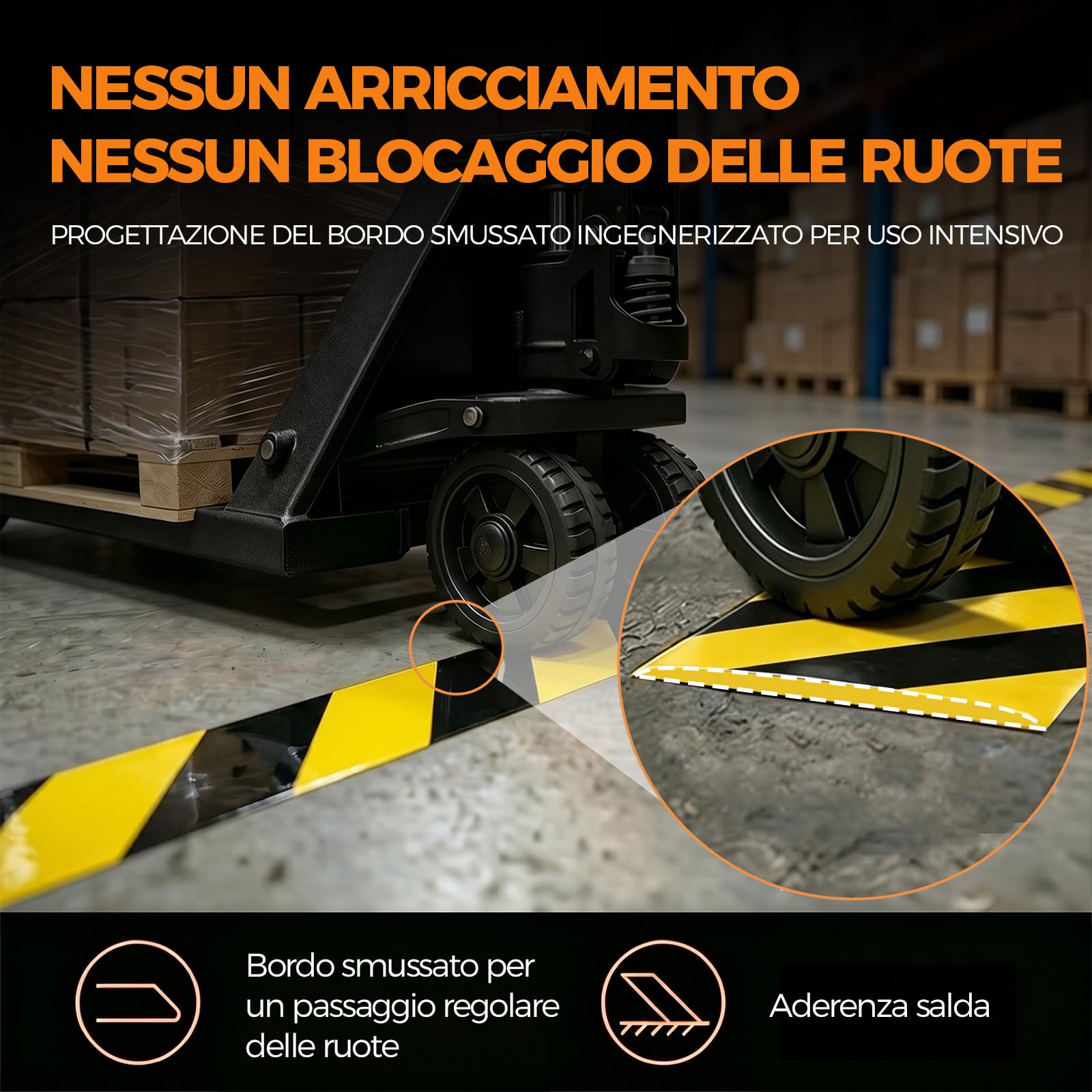 Nastro Segnaletico da Pavimento Extra Spesso 1,1 mm, 50 mm x 30 m, Alta Adesione, Nero/Giallo, Antiusura per Magazzino, Officina e Industria