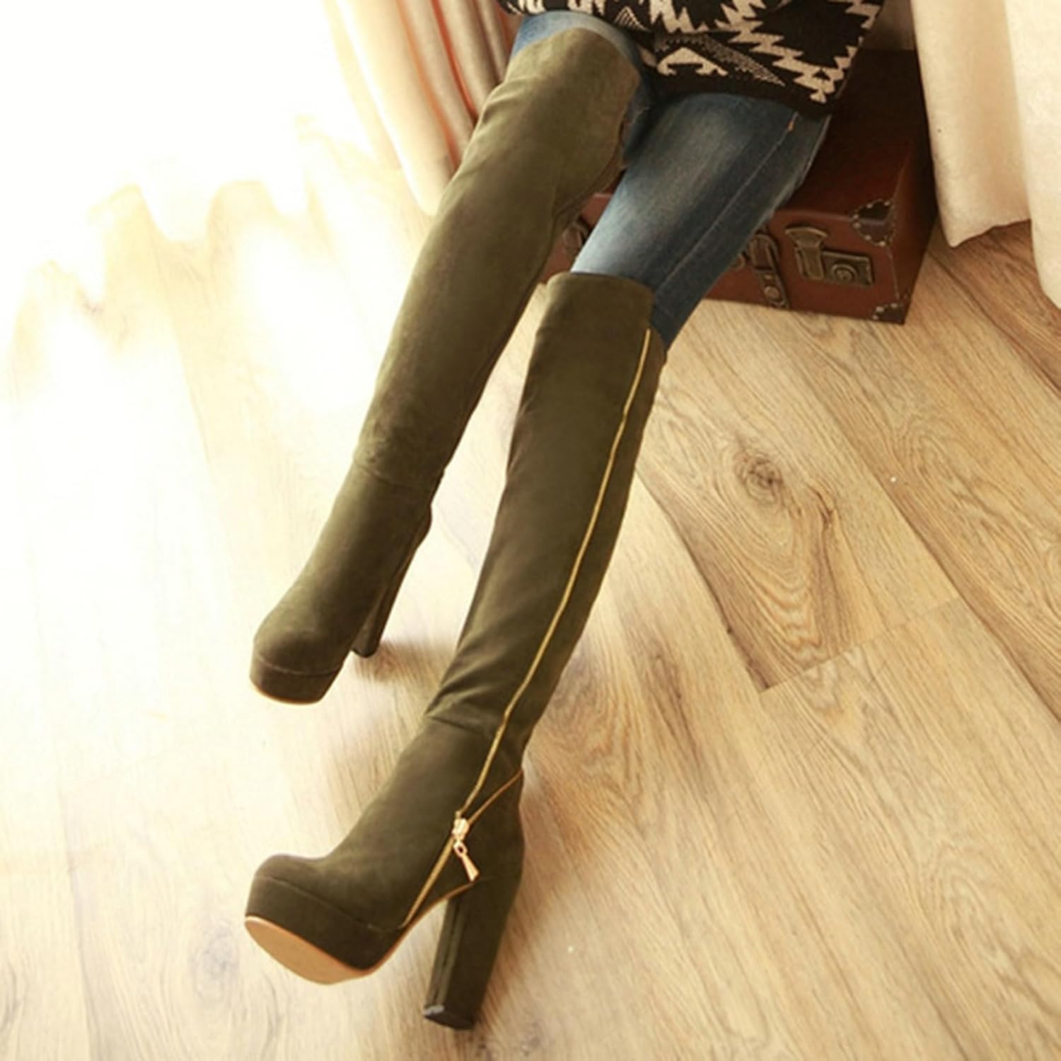 Uniquelly Womens Over The Knee Boots Chunky High Heel Platform Riding Boots Round Toe Side Zipper Long Boots Winter Dress Shoes