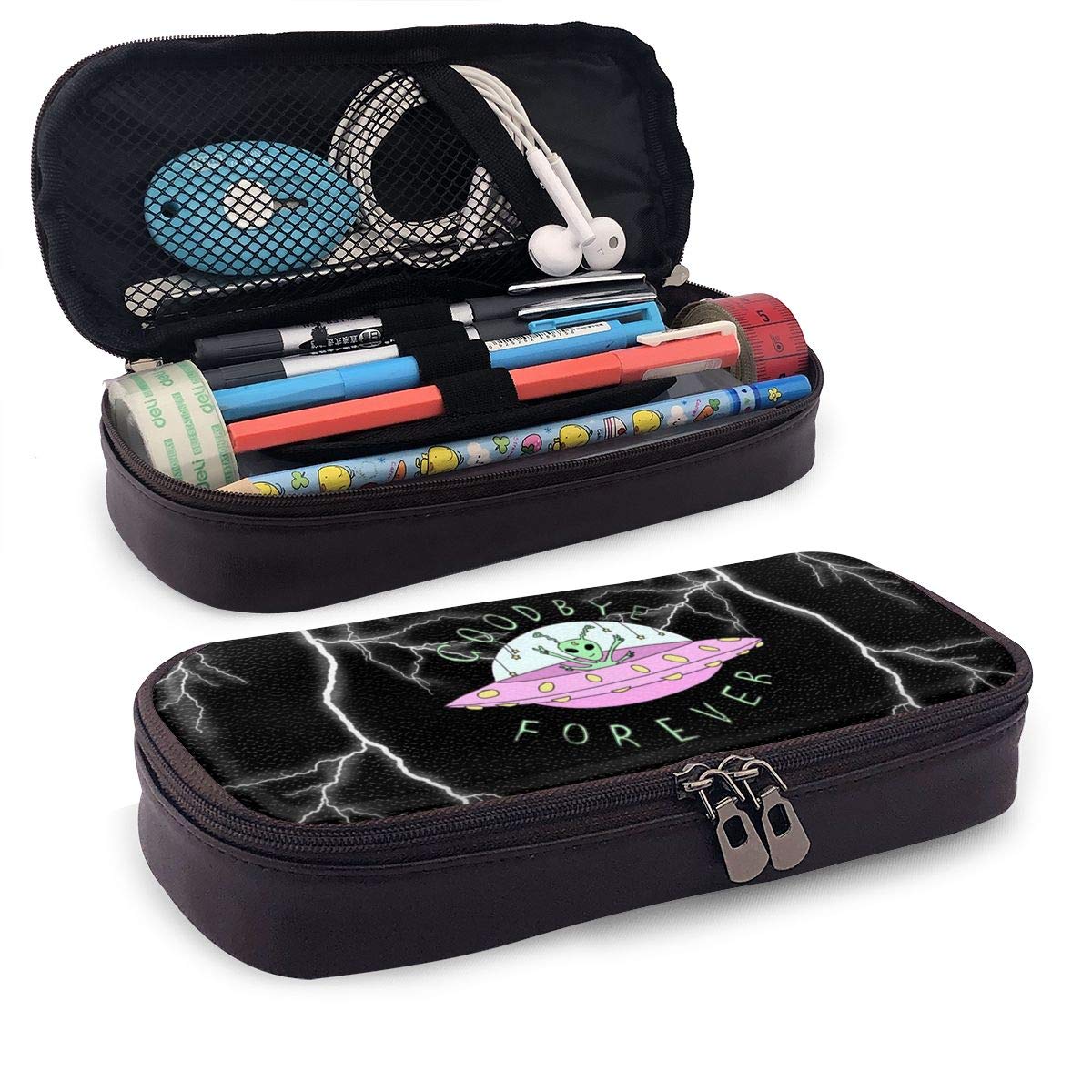 Funny Pattern Alien UFO Pencil Case Big Capacity Storage PU Leather Bag Holder Desk Pen Pencil Marker Stationery Organizer Pencil Pouch with Zipper for School & Office