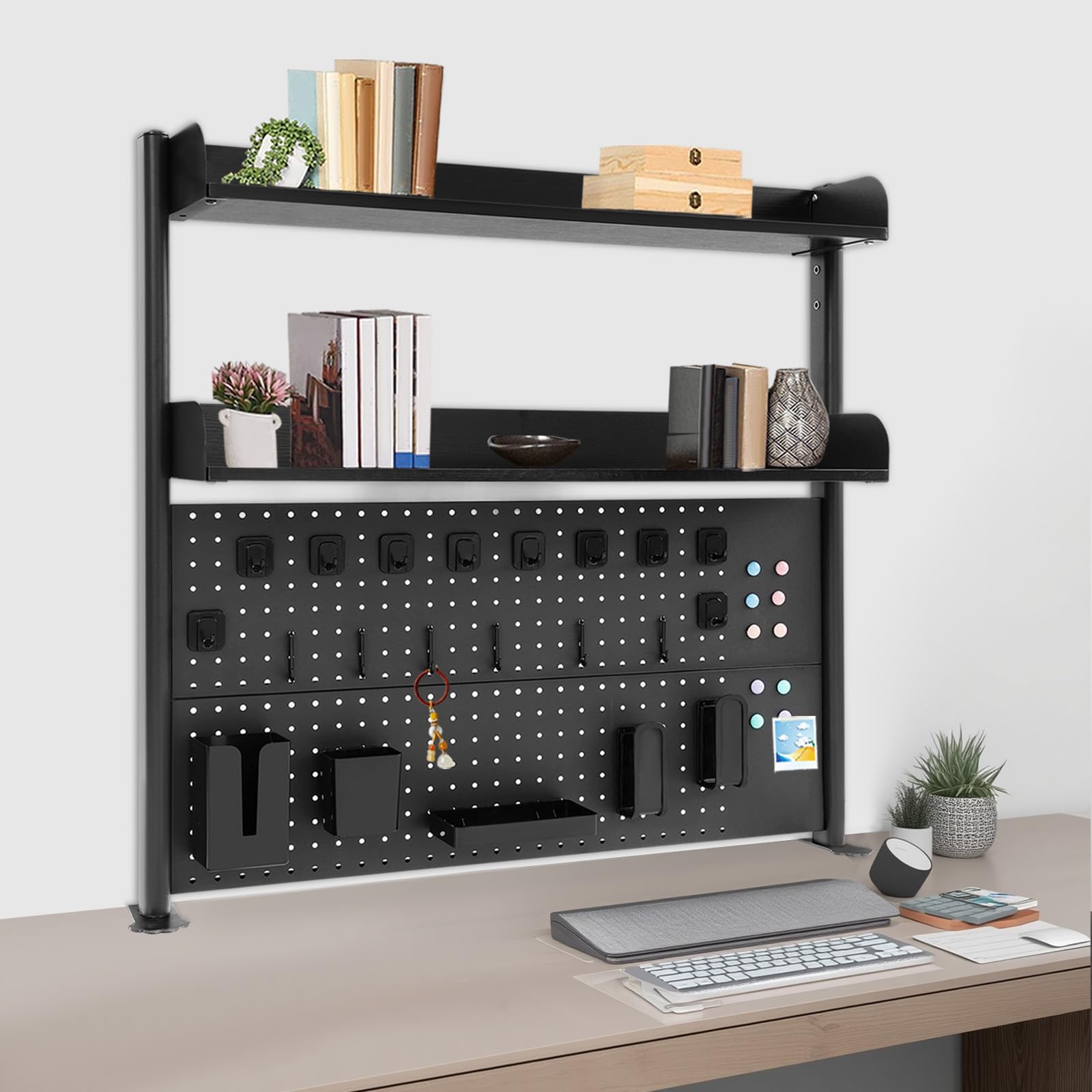 Scaffale da tavolo in acciaio al carbonio, per ufficio, camera da letto, 2 ripiani, organizer da scrivania con bacheca, ripiano per cancelleria, scaffale per documenti (nero, 100 x 95 x 12,5 cm)