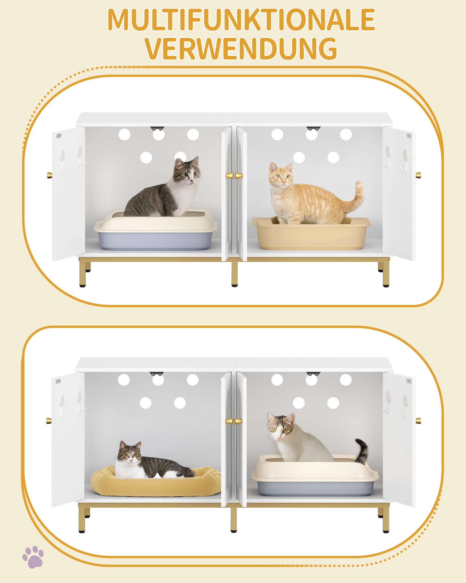 Hzuaneri Katzenschrank für 2 Katzen, 119cm Katzenklo Schrank, Weiß und Gold | Versteckte Katzentoilettenmöbel, Hölzernes Haustierhaus, Aufbewahrungsschrankbank, Passend für Katzentoilettenkä, CB82313A