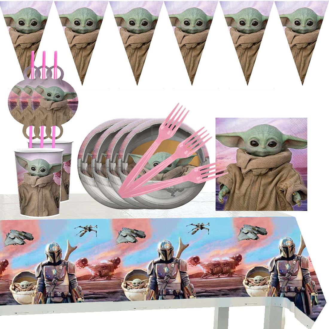 62 pcs Party Tableware Children's Birthday Set Wopin-Children's Birthday Table Decoration,Yoda Party Accessory Set, Plates, Cups, Napkins, Straws, Table Cloth, Children's Birthday Party Decoration Set