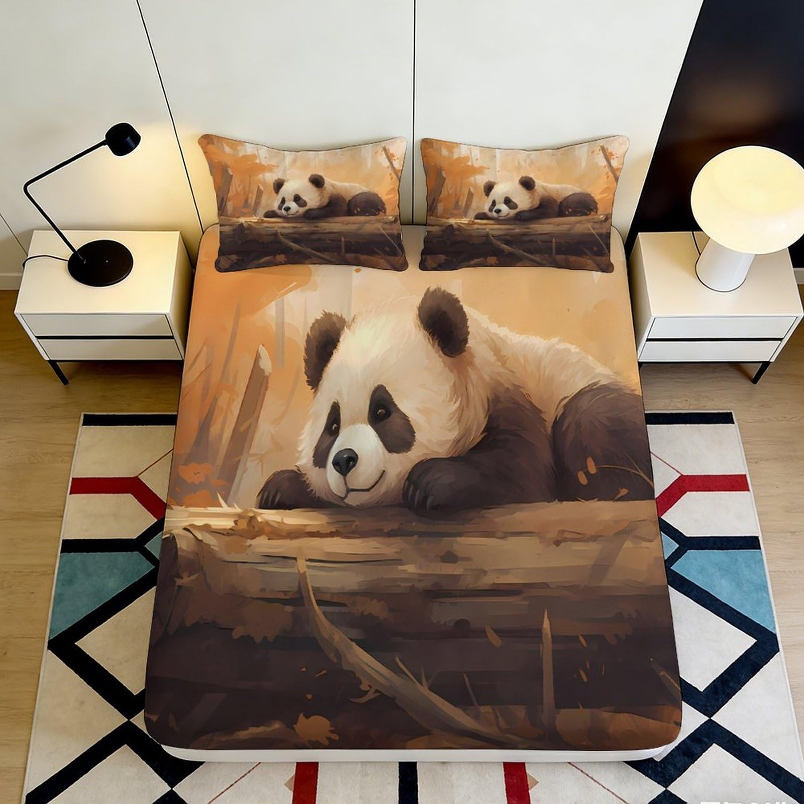 3D Printed Panda Pattern Fitted Sheet Microfiber Soft Breathable Animal Design Bed Cover for Bedroom Dormitory Guest Room Mattress Protection 180x200x25cm