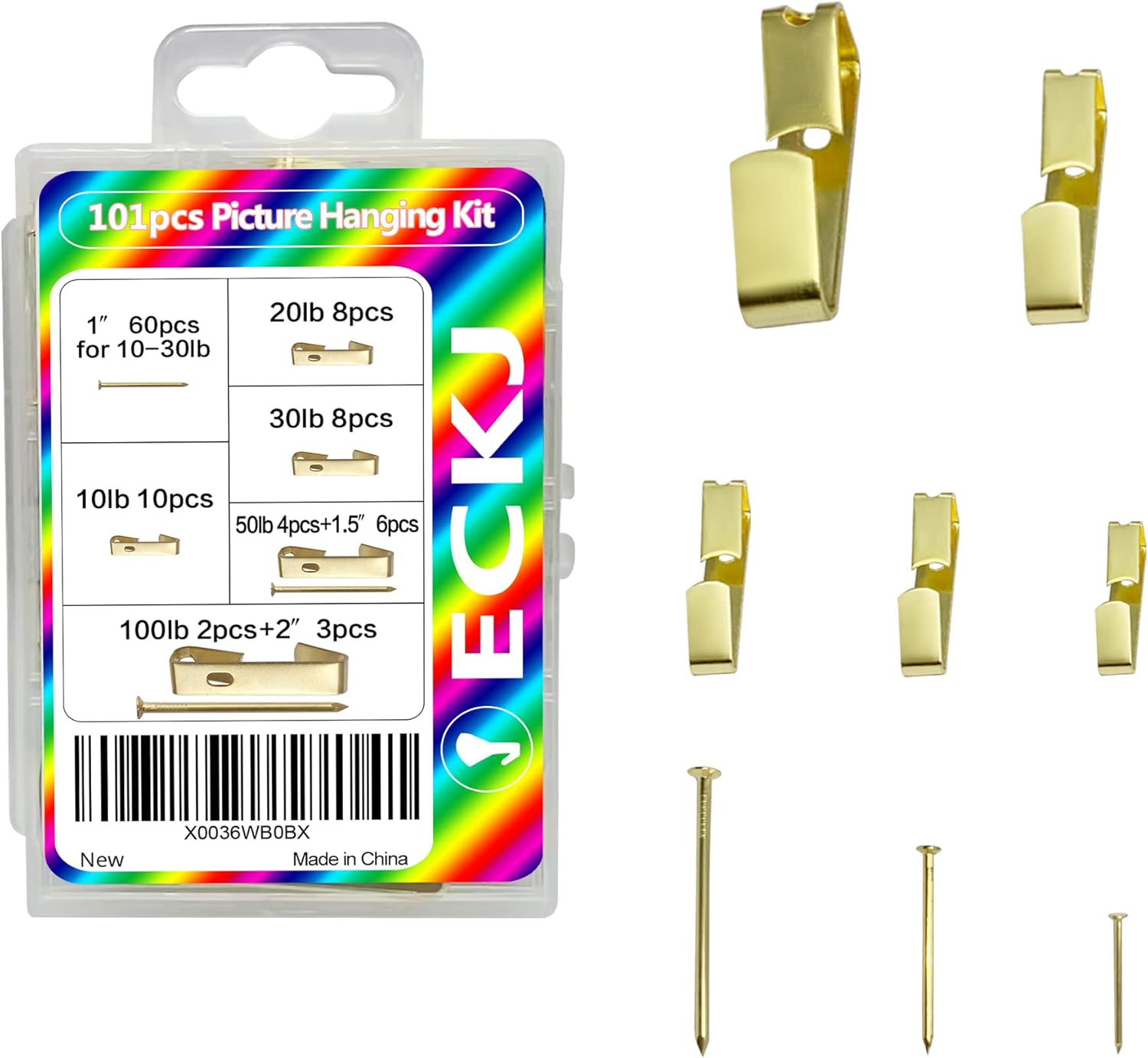 Picture Hanging Hooks, 101 Pcs Heavy Duty 10-100 lbs Picture Hangers Hardware Assorted Kit with More Nails for Photo Frame, Wall Hangers on Wooden/Drywall for Clock, Canvas, Home Decoration Gold