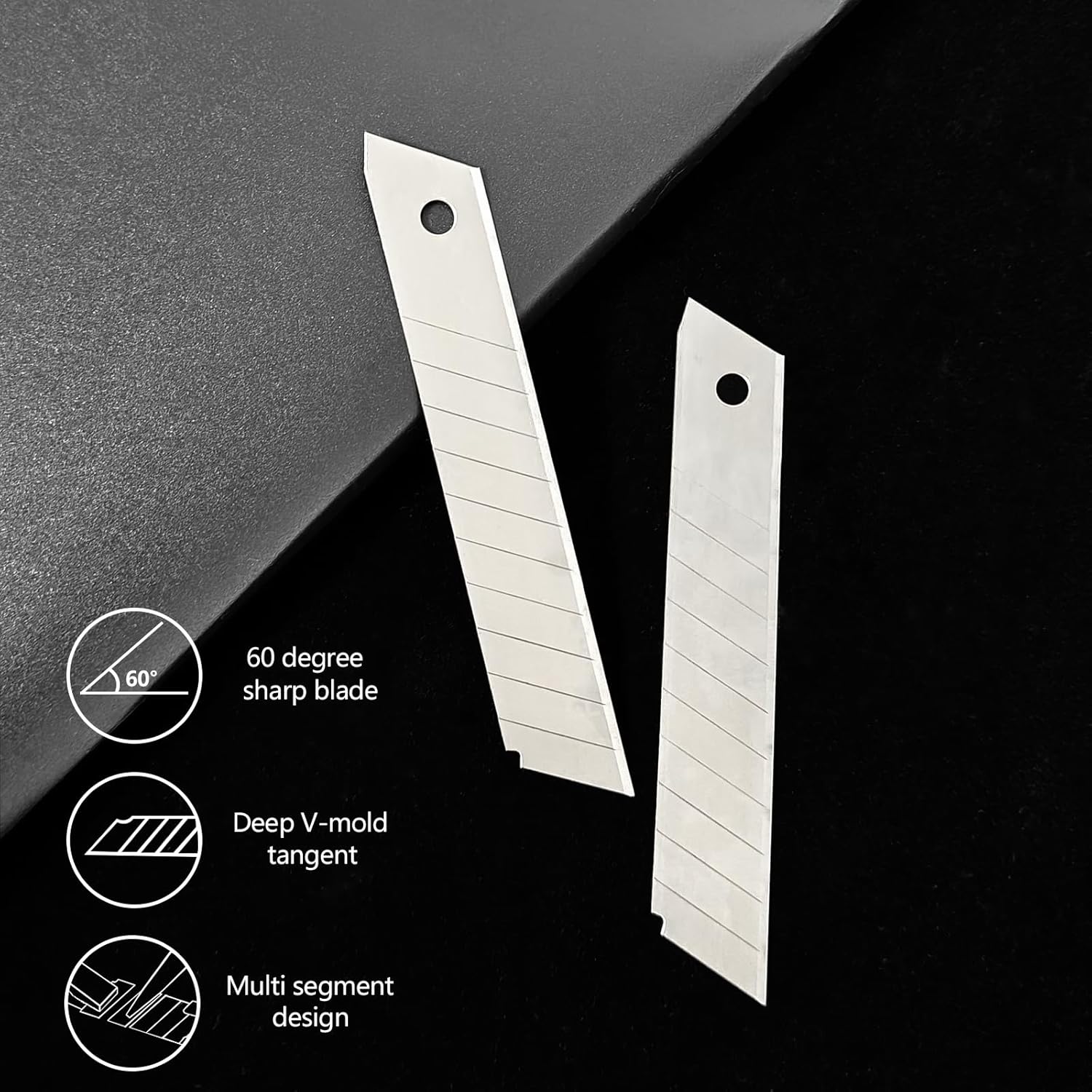 HIEMIE Tools 60Pcs 18mm Utility Knife Replacement Snap off Blades 60 Degree，Blades for Utility Knife and 18mm Box Cutter - Razor Sharp SK4 Steel