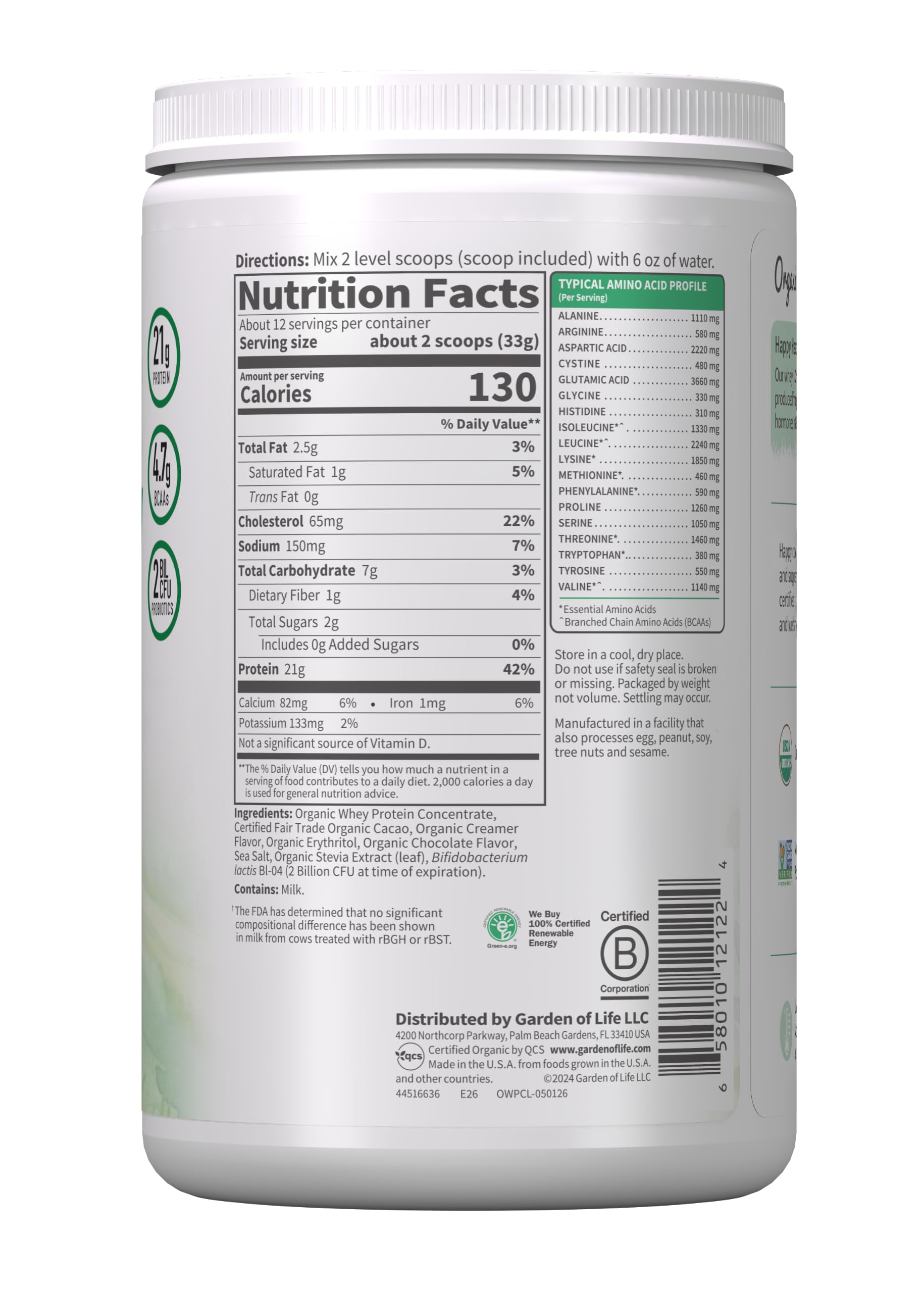 Garden of Life Organic Whey Protein Chocolate Grass Fed Protein Powder – 21g Muscle-Building Powder with Probiotics & BCAAs, Post-Workout Recovery, Hormone-Free, Non-GMO, Gluten-Free, 12 Servings — Amazon image 9