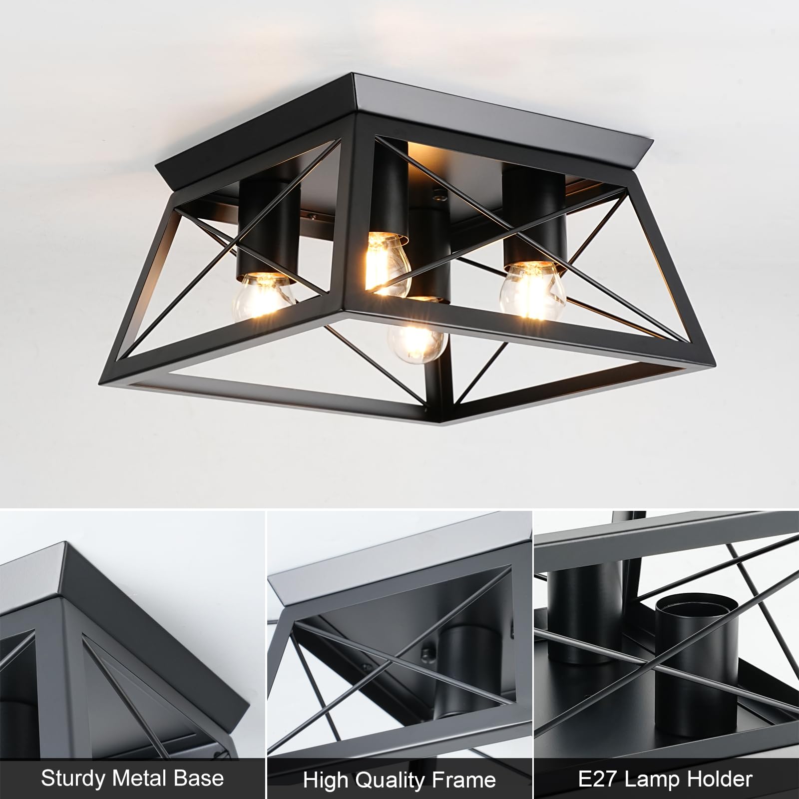4 flammig Deckenleuchte Schwarz E27 Moder Industrial Quadrat Metall | Vintage Deckenleuchte für Wohnzimmer Schlafzimmer Küche Eingang - Keine Glühbirne