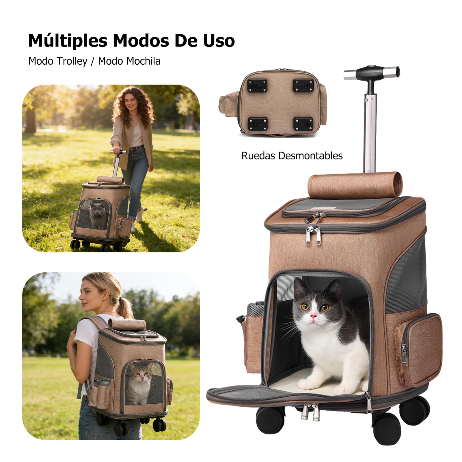 PETCUTE Transportín para Perros con Ruedas, Plegable,3 en 1 Mochila para Gatos con Mango Telescópico, Mochila para Mascotas con Malla Transpirable y Alfombrilla Extraíble,Carga Máxima 10kg,Caqui