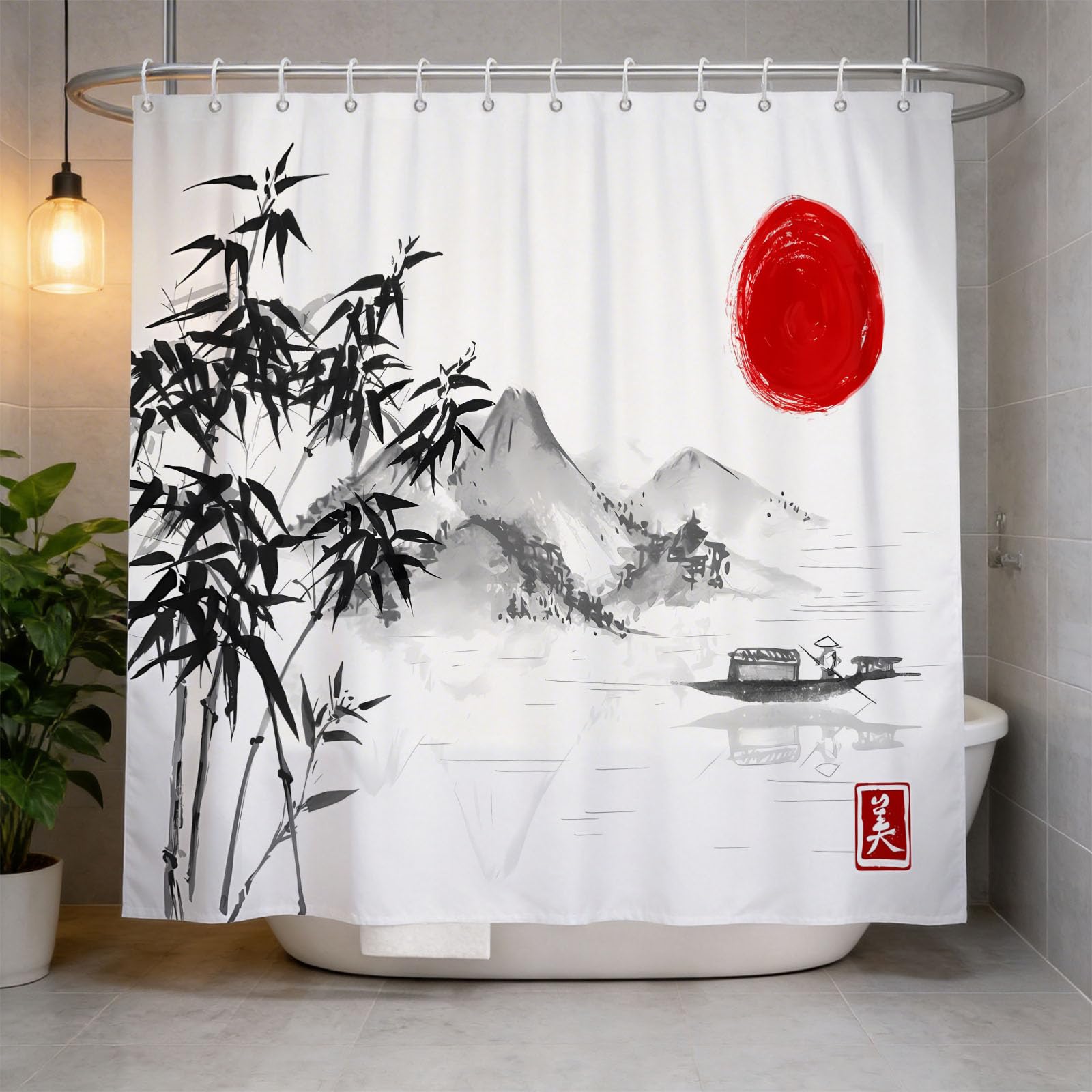 Hongduo 3D Chinese Ink Painting Pattern Shower Curtain for Stalls Bathtubs Simple Bathroom Decor Shower Curtain Set Polyester Fabric Waterproof 180x200cm/71X79 Inch with Hooks