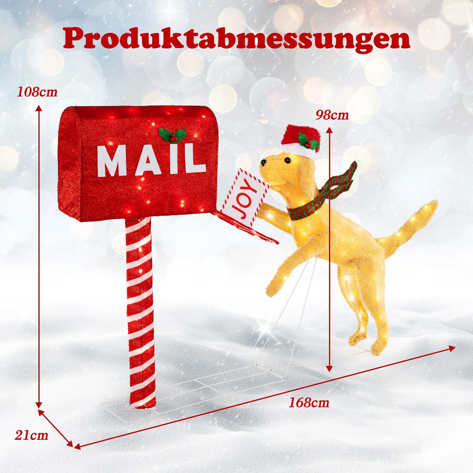 COSTWAY beleuchteter Weihnachtsdackel mit Briefkasten, 108 cm Weihnachtsdeko mit 20 warmweißen LED-Leuchten, Weihnachtsfigur wetterfest, Weihachtsdeko, Weihnachtsbeleuchtung XXL für Innen & Außen