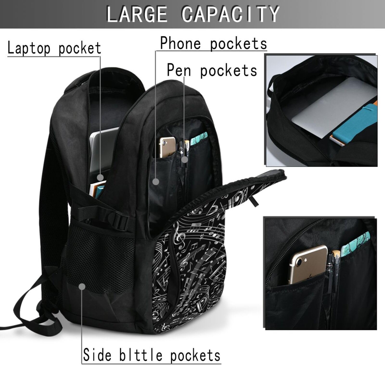 InOmak Schwarze Musiknoten, Reiserucksack, Freizeitrucksack, Schulrucksack, Laptop-Rucksack für Damen und Herren