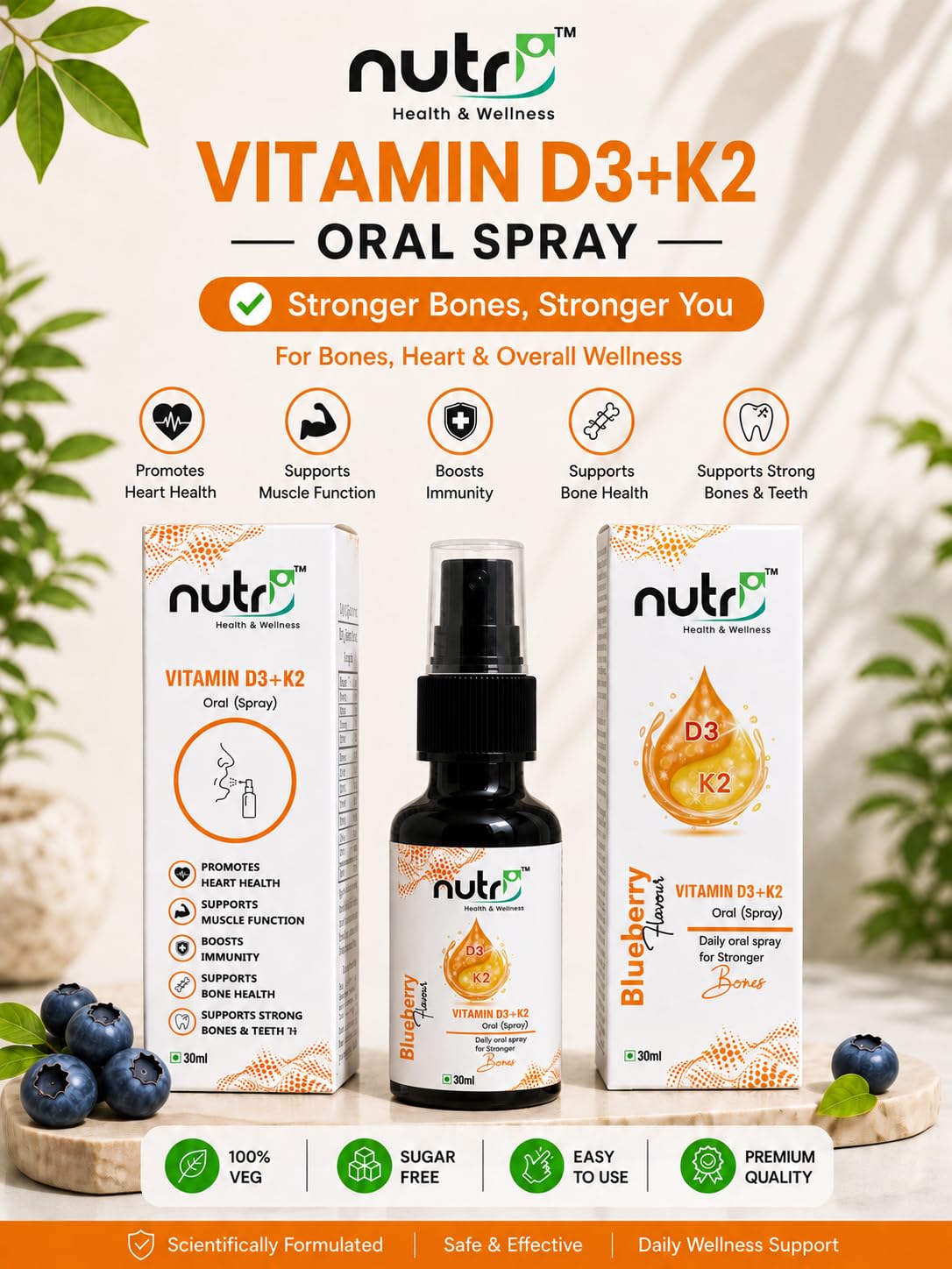 Nutri Health & Wellness Vitamin D3 + K2 Oral Spray, Blueberry Flavour, 30ml | Vitamin D3 600 IU & Vitamin K2 55mcg Per Serving | Sugar Free | Vegetarian Daily Nutritional Supplement — Amazon image 4