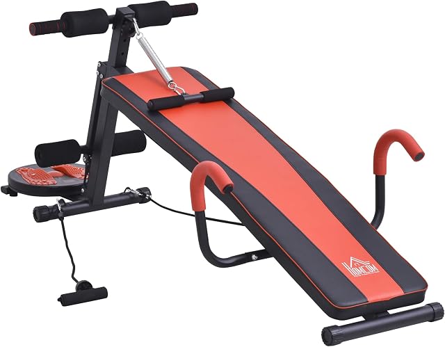 HOMCOM Multifunctional Sit Up Bench Exercise with Resistant Rope and Twist Waist Disc for Home, Office and Gym