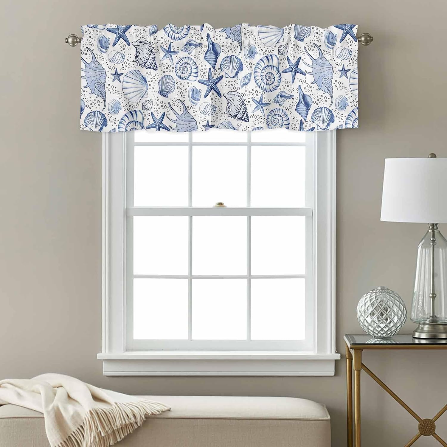Valance Curtains for Kitchen Windows Navy Blue Starfish Conch Shell Seamless Rod Pocket Valance Summer Ocean Bubbles Short Window Curtain Topper for Bedroom Living Room Bathroom 54x18in,1 Panel