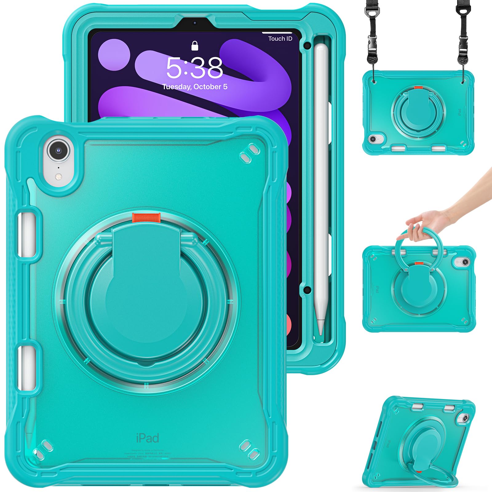 Dteck for iPad Mini (A17 Pro/A15 Bionic) 7/6th Generation Case 8.3-Inch (2024/2021), Protective Back Cover Case with Kickstand/Handle/Pencil Holder/