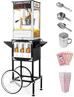 ROVSUN Popcorn Machine w/Cart, Wheels & 8 Oz Kettle Makes Up to 32 Cups ETL Certified, Popcorn Maker w/Candy Dispensers, Scoop, Oil Spoon & 3 Popcorn Cups for Commercial Home Theater, Black