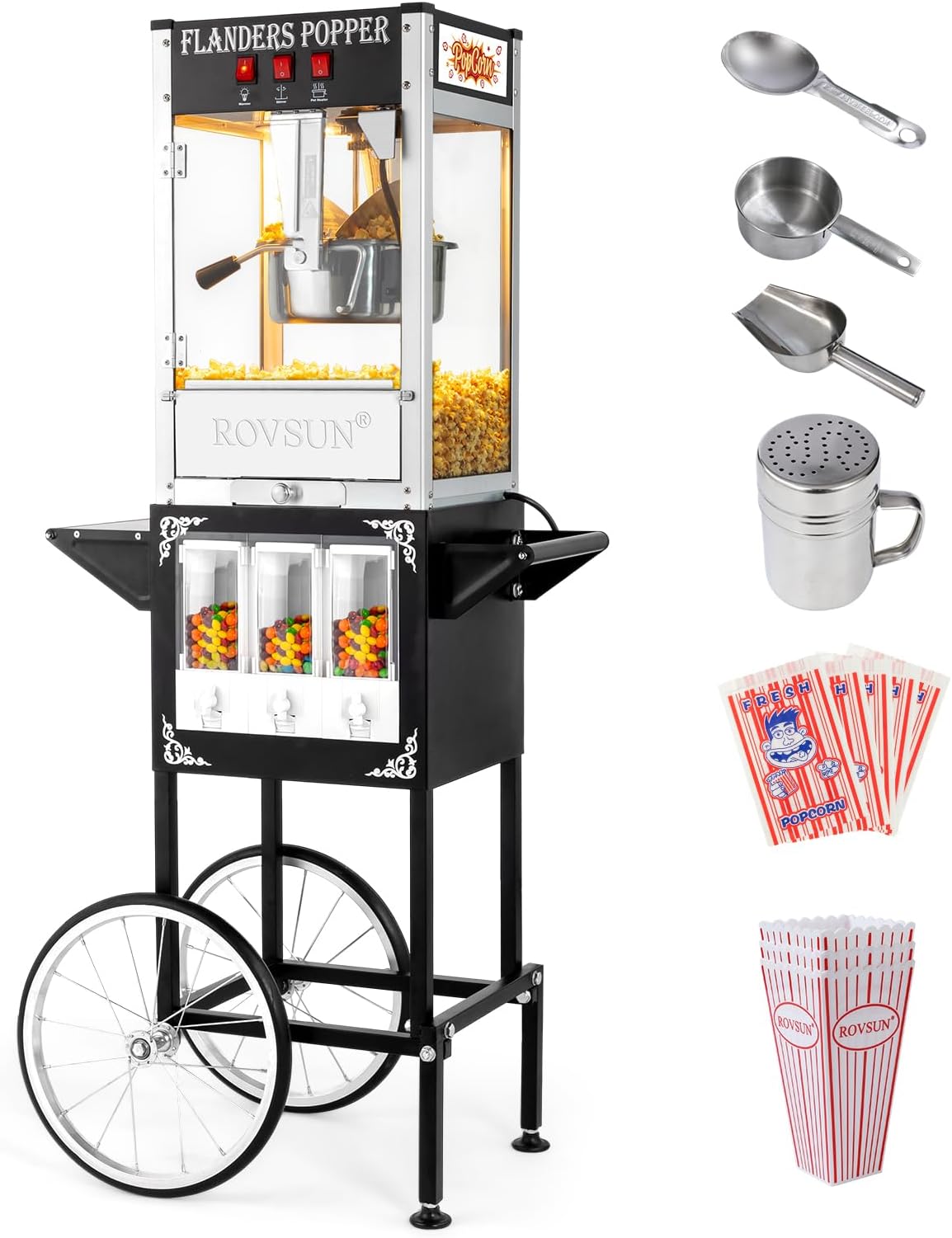 ROVSUN Popcorn Machine Cart with Candy Dispenser, 8 Oz Kettle Makes Up to 32 Cups ETL, Vintage Popcorn Maker w/Scoop, Oil Spoon, Bags & Cups, Movie Theater Style Popper for Commercial Home, Black