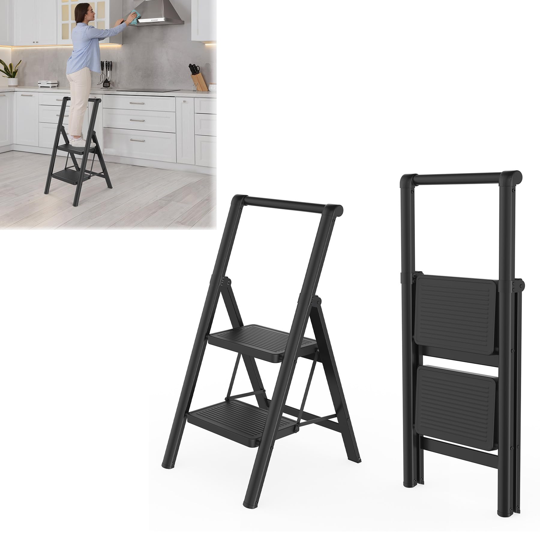 SAILUN Folding Step Ladder, 2-Step, With Handrail, Steel Construction, Non-Slip Rubber Mats, Widened Steps, 250KG Load Capacity, Suitable for Home, Office, Garage, Black