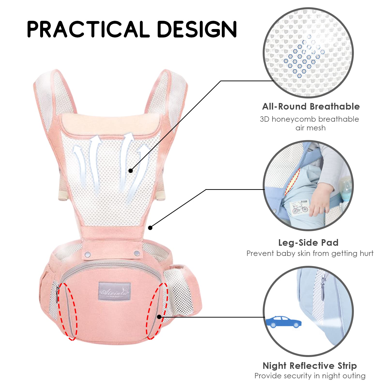 SONARIN Traspirante Multifunzione Marsupio Neonati con Sedile,Portantina Porta Bambino Fascia Porta Bebè Ergonomico Regolabile per Neonati Bambini 0-36 Mesi,Tutte le Posizioni(Rosa)